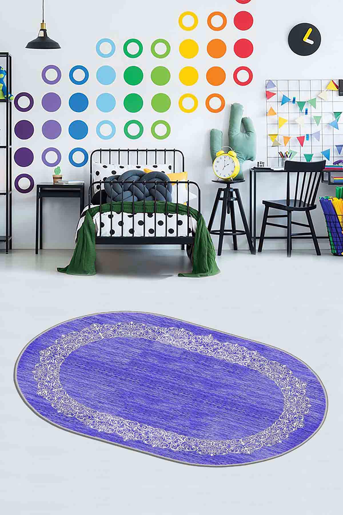 Homefesto Krem 5 mm Polyester Leke Tutmaz Yıkanabilir İnce Kaymaz Taban Oval Makine Dokuma Çocuk Odası Halısı 120x170 cm