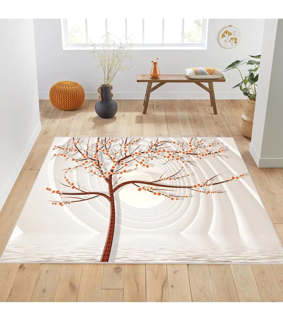 Rovigo Home RVG1906-SM225 Krem 8 mm Polyester Leke Tutmaz-Toz Tutmaz Yıkanabilir İnce Kaymaz Dot Taban Dikdörtgen Makine Dokuma Salon Halısı 160x230 cm