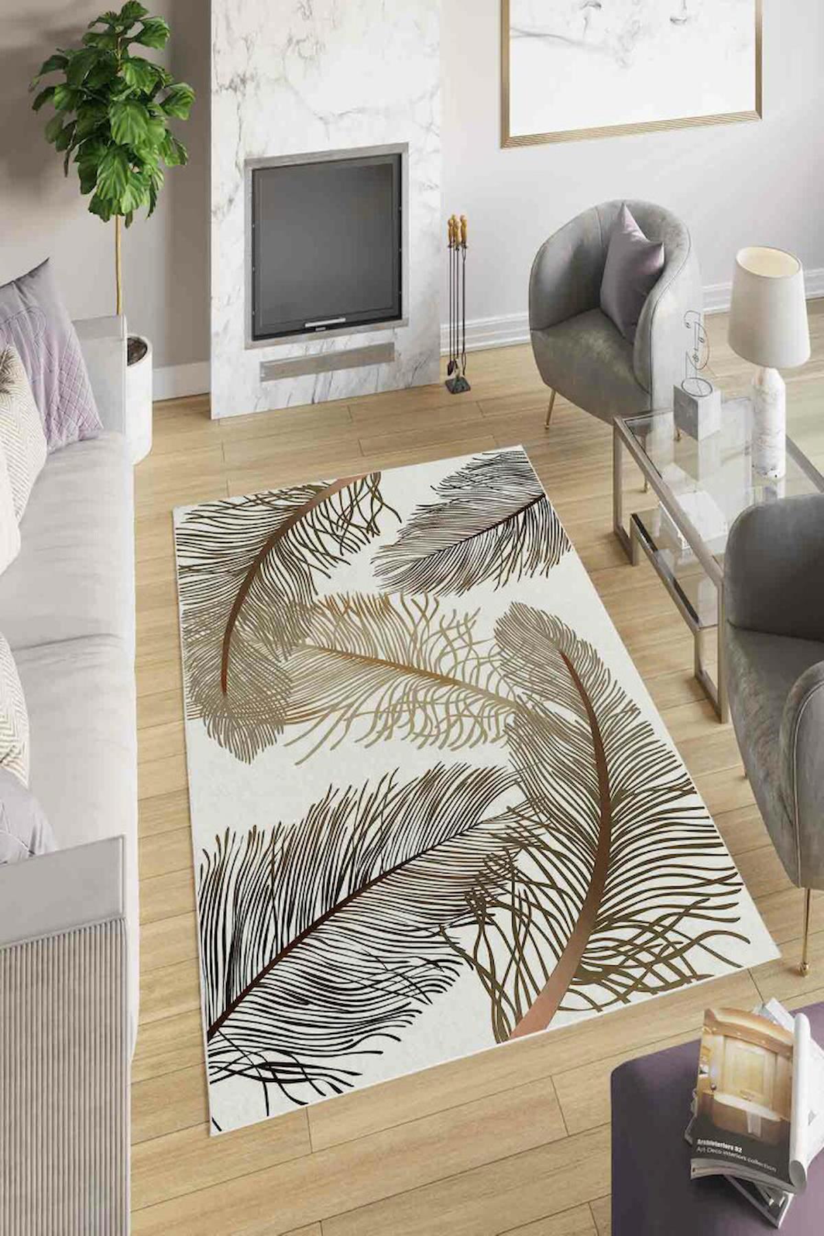 Homefesto Krem 5 mm Polyester Leke Tutmaz Yıkanabilir İnce Kaymaz Taban Çiçek Desenli Dikdörtgen Makine Dokuma Salon Halısı 80x150 cm