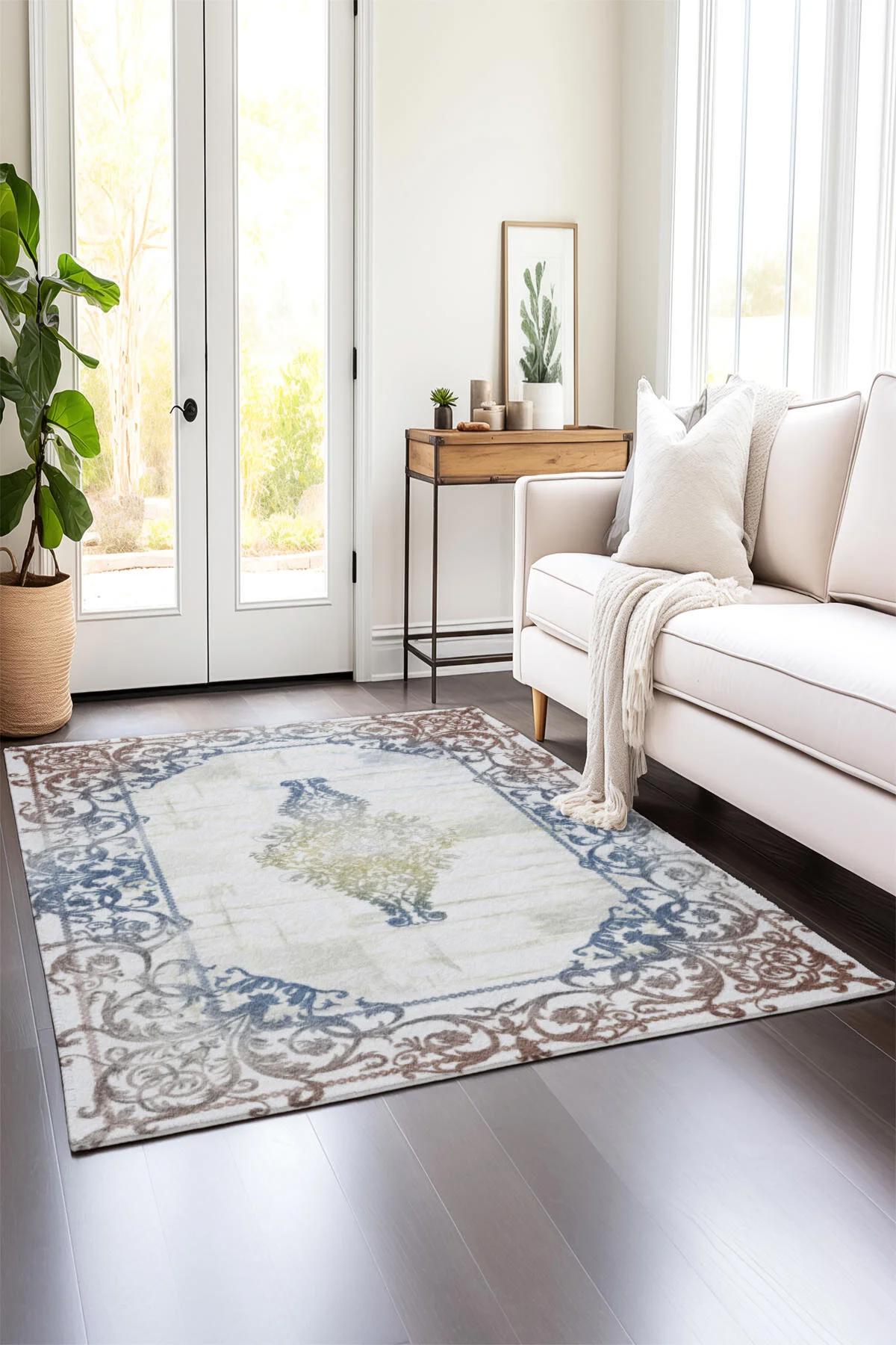 Comotex Krem 7 mm Polyester Antibakteriyel Yıkanabilir Kalın Kaymaz Taban Dikdörtgen Makine Dokuma Salon Halısı 80x150 cm
