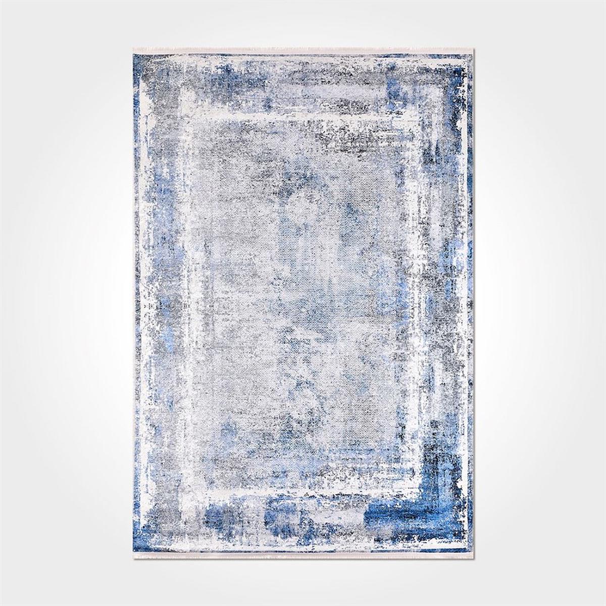 Crea Halı 2051PC Mavi Pamuk-Polyester Yıkanabilir İnce Kaymaz Pamuk Taban Dikdörtgen Makine Dokuma Salon Halısı 100x150 cm