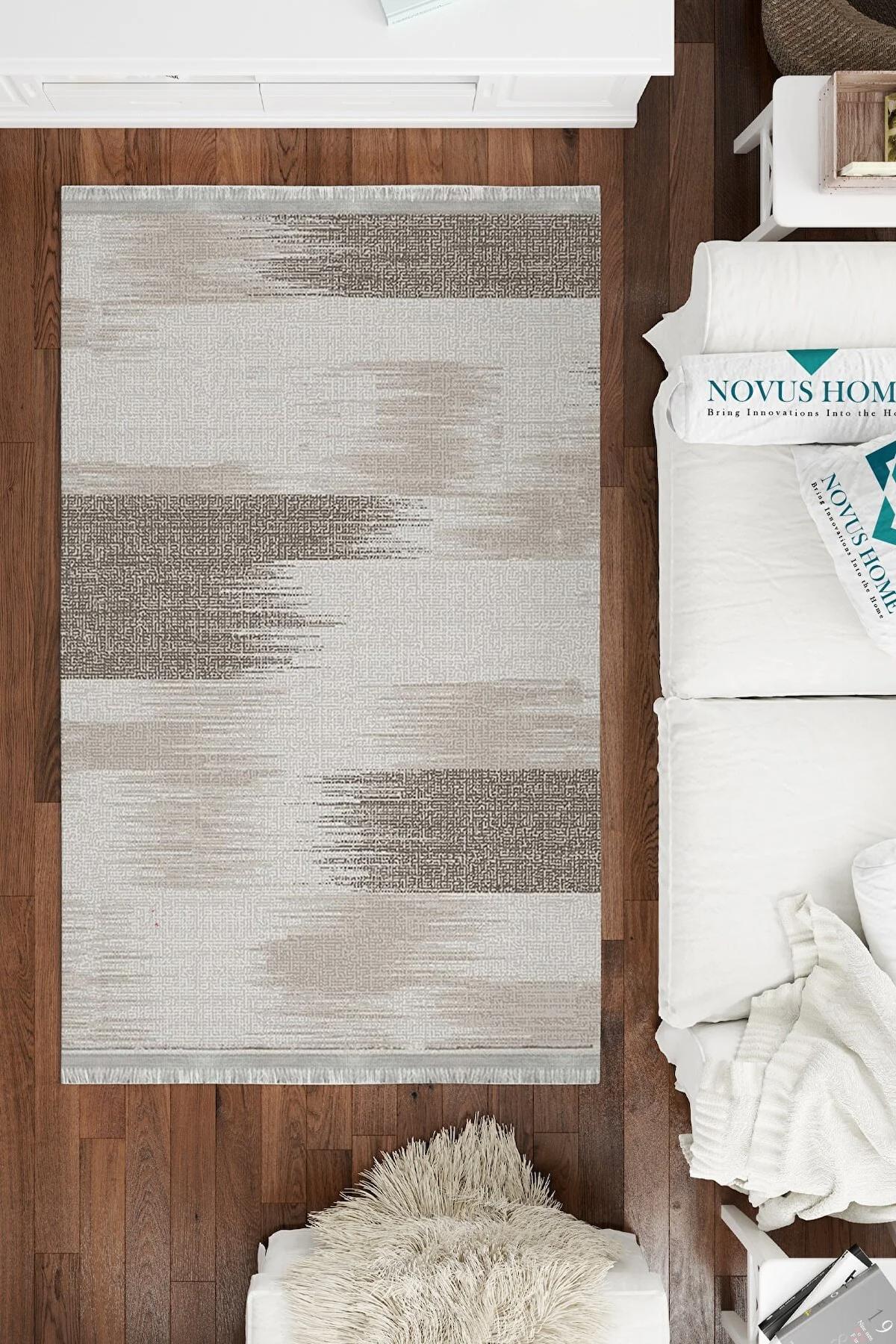 Novus Home Cotton Serisi Beyaz-Gri 5 mm Pamuk Antibakteriyel-Toz Tutmaz-Yalıtıma Yardımcı Yıkanabilir İnce Kaymaz Taban Dikdörtgen Makine Dokuma Antre-Salon-Yatak Odası Halısı 160x230 cm