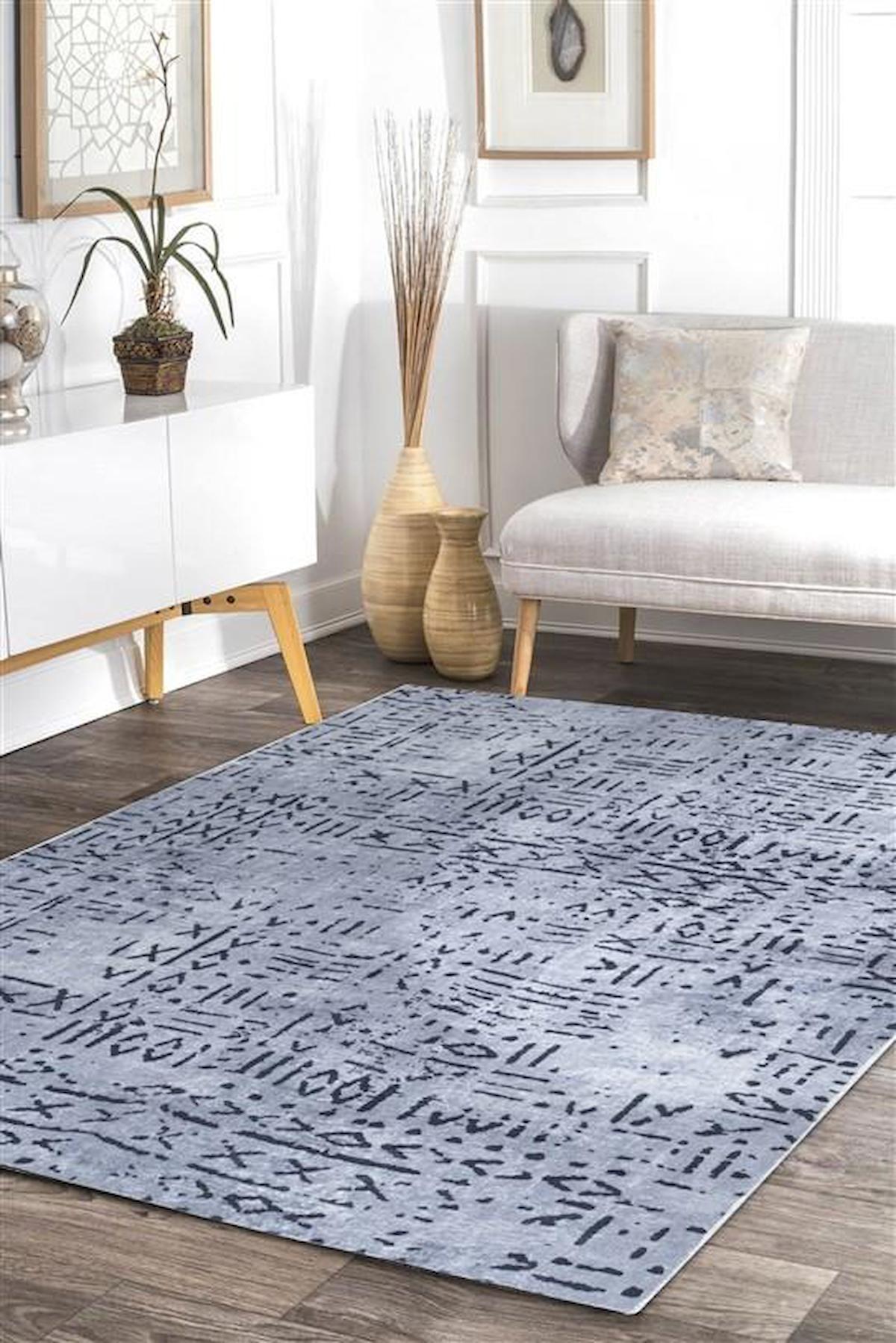 Red Halı Gri-Siyah 8 mm Polyester Yıkanabilir Orta Kaymaz Dot Taban Dikdörtgen Makine Dokuma Halı 100x300 cm