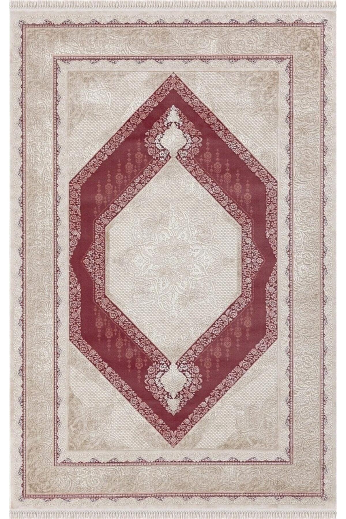 Merinos  Rodin 19769 Bej - Kırmızı 11 mm Akrilik Antibakteriyel Yıkanabilir İnce Kaymaz Dikdörtgen Makine Dokuma Salon Halısı 60x100 cm