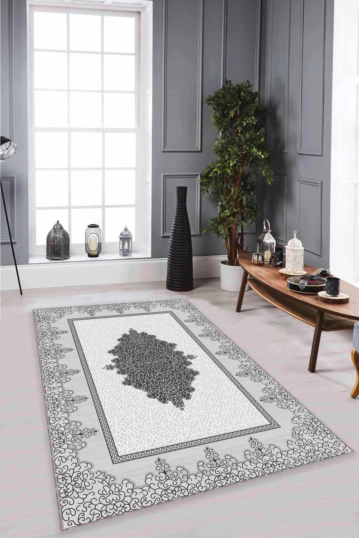 Viva Home MK66 Gri 7 mm Mikropolyester Toz Tutmaz Yıkanabilir İnce Kaymaz Dot Taban Dikdörtgen Makine Dokuma Salon Halısı 240x340 cm