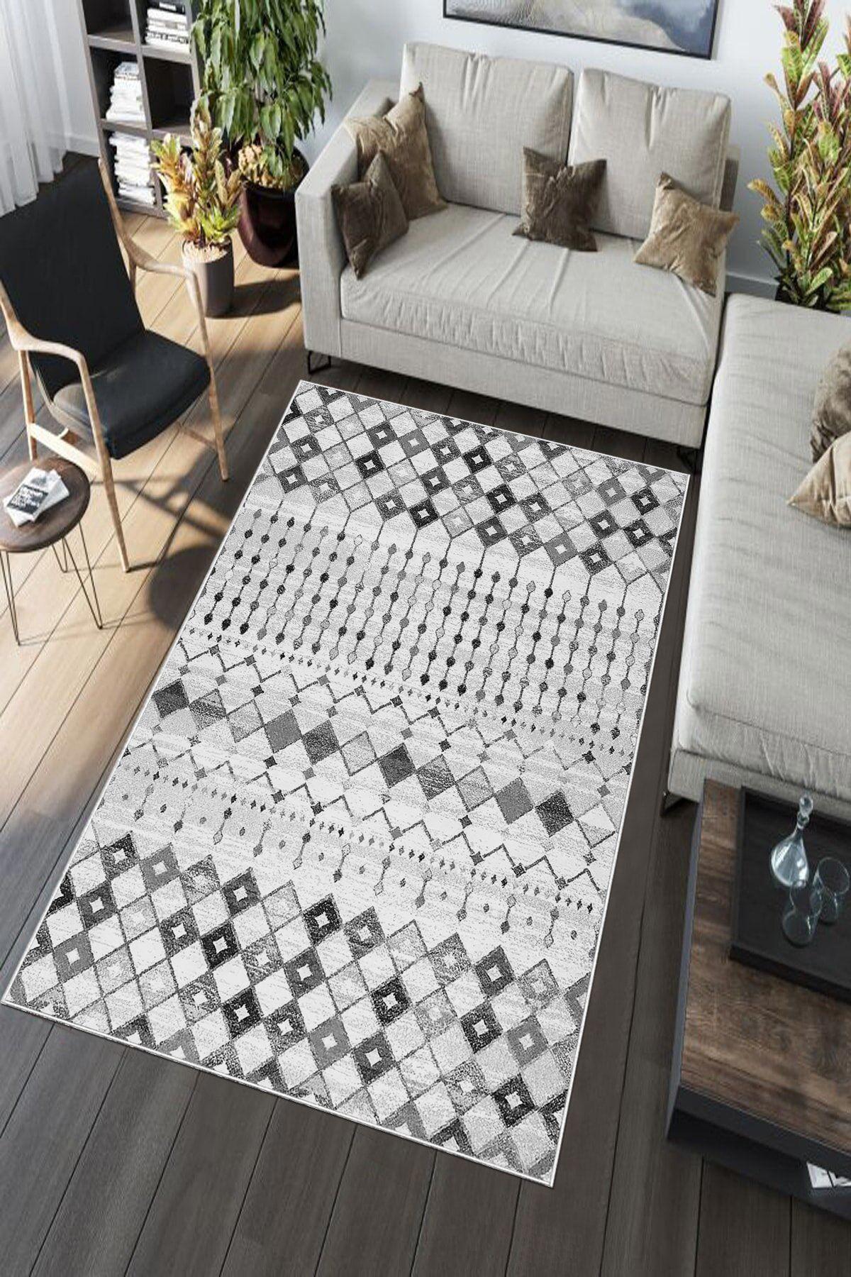 Aldora A154 Gri 9 mm Deri Toz Tutmaz Yıkanabilir İnce Kaymaz Pamuk Taban Dikdörtgen Makine Dokuma Salon Halısı 160x235 cm