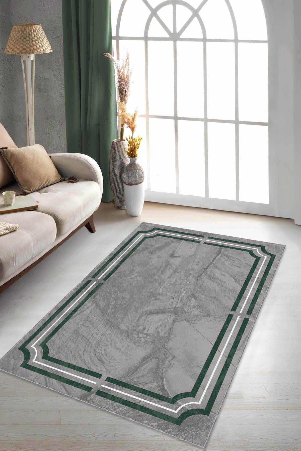 Viva Home RV068 Yeşil 7 mm Mikropolyester Yalıtıma Yardımcı Yıkanabilir İnce Kaymaz Taban Dikdörtgen Makine Dokuma Antre-Salon-Yatak Odası Halısı 180x180 cm