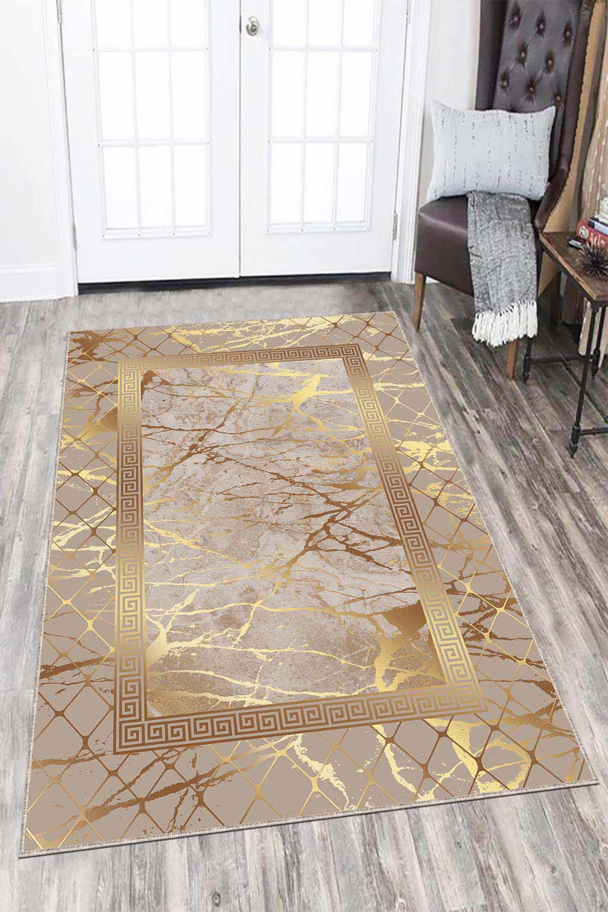 Viva Home AR751 Altın-Bej 7 mm Mikropolyester Yıkanabilir İnce Kaymaz Jüt Taban Dikdörtgen Makine Dokuma Salon Halısı 80x300 cm