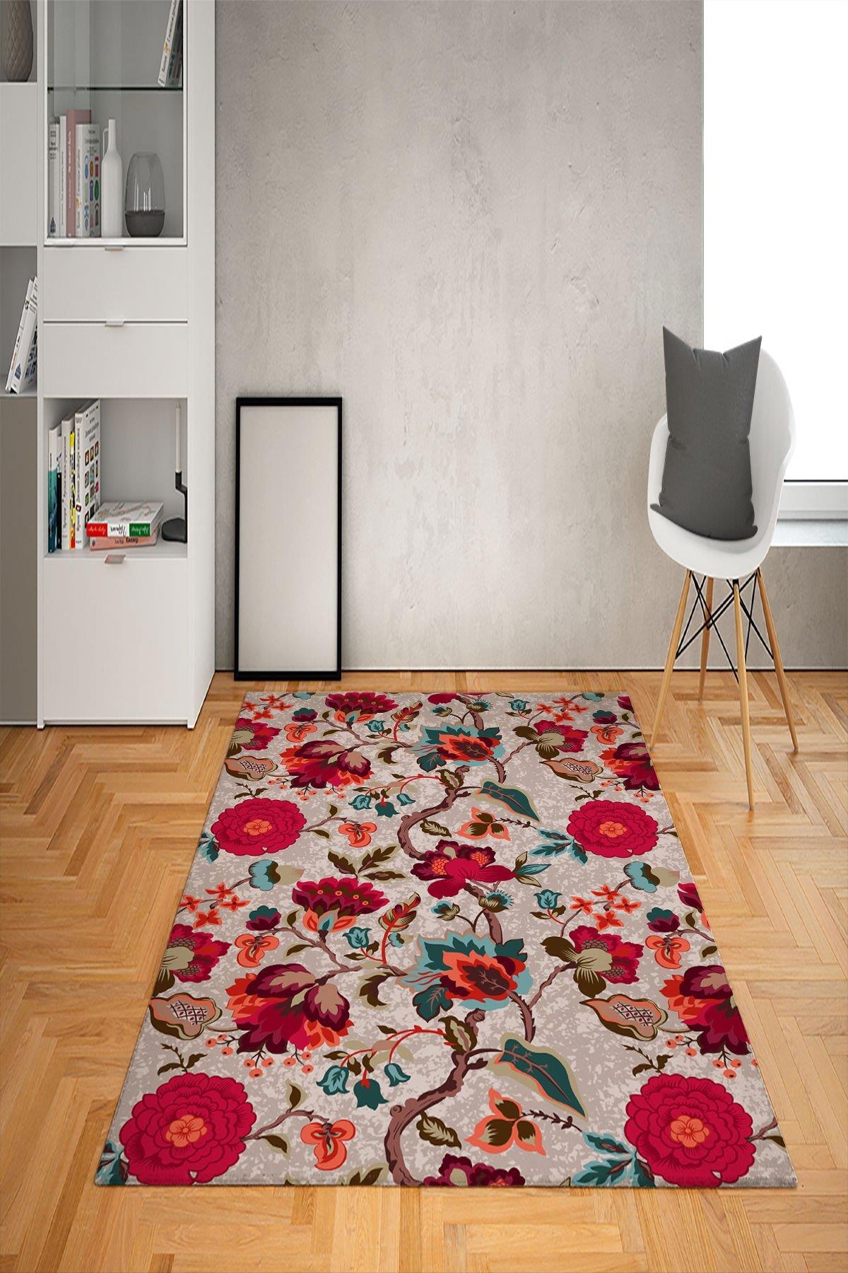 Doruklar Home Collection Krem 0.7 mm Polyester Antibakteriyel Yıkanabilir Kalın Kaymaz Taban Çiçek Desenli Dikdörtgen Makine Dokuma Salon Halısı 120x180 cm