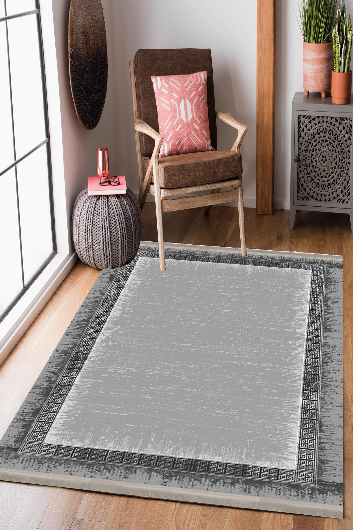 Homier Collection H-DK-5181A Gri 7 mm Pamuk Antibakteriyel Yıkanabilir Orta Kaymaz Dot Taban Dikdörtgen Makine Dokuma Salon Halısı 100x200 cm