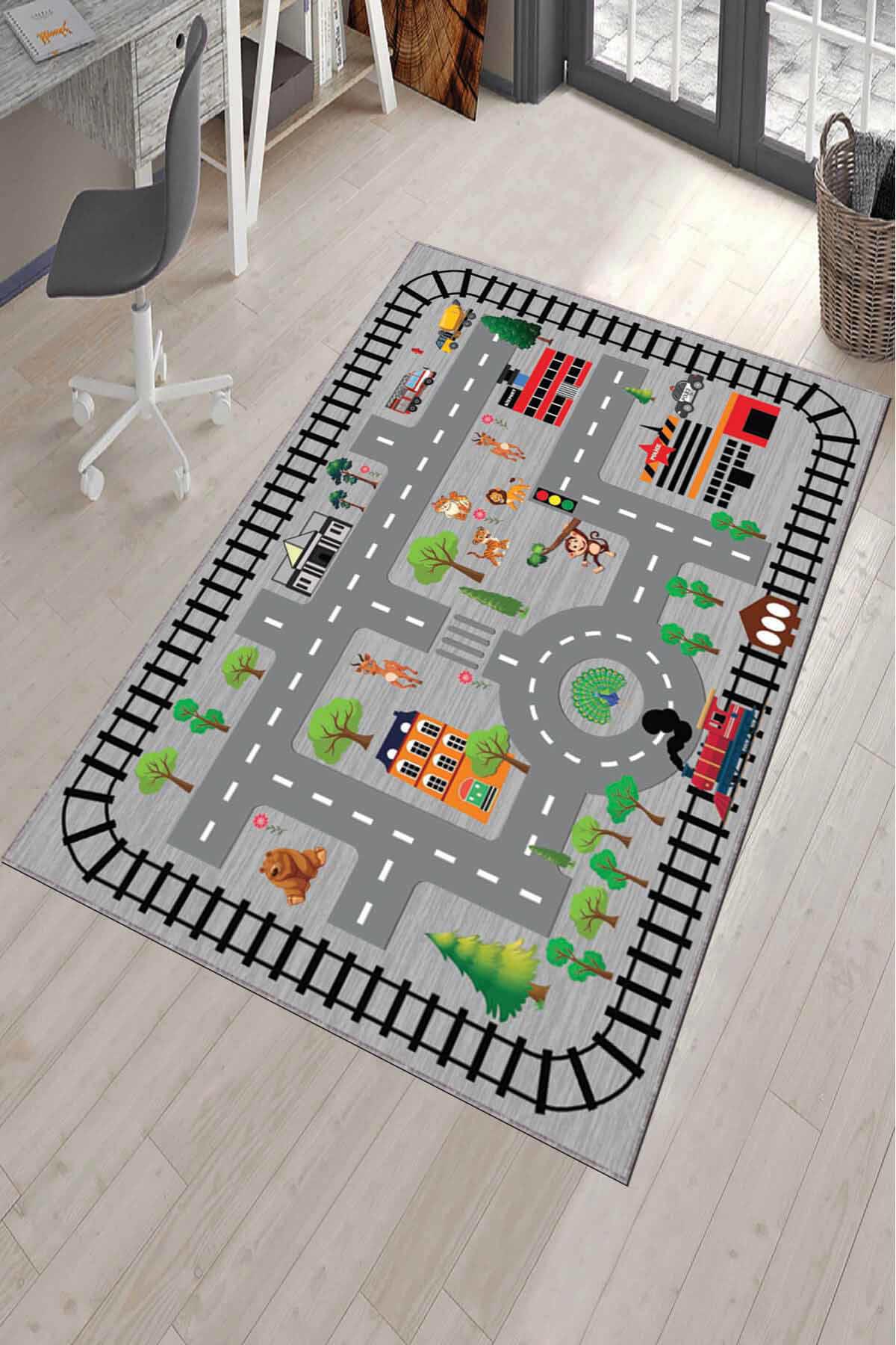 Viva Home AR147 Gri 7 mm Mikropolyester Toz Tutmaz Yıkanabilir İnce Kaymaz Dot Taban Dikdörtgen Makine Dokuma Çocuk Odası Halısı 80x140 cm