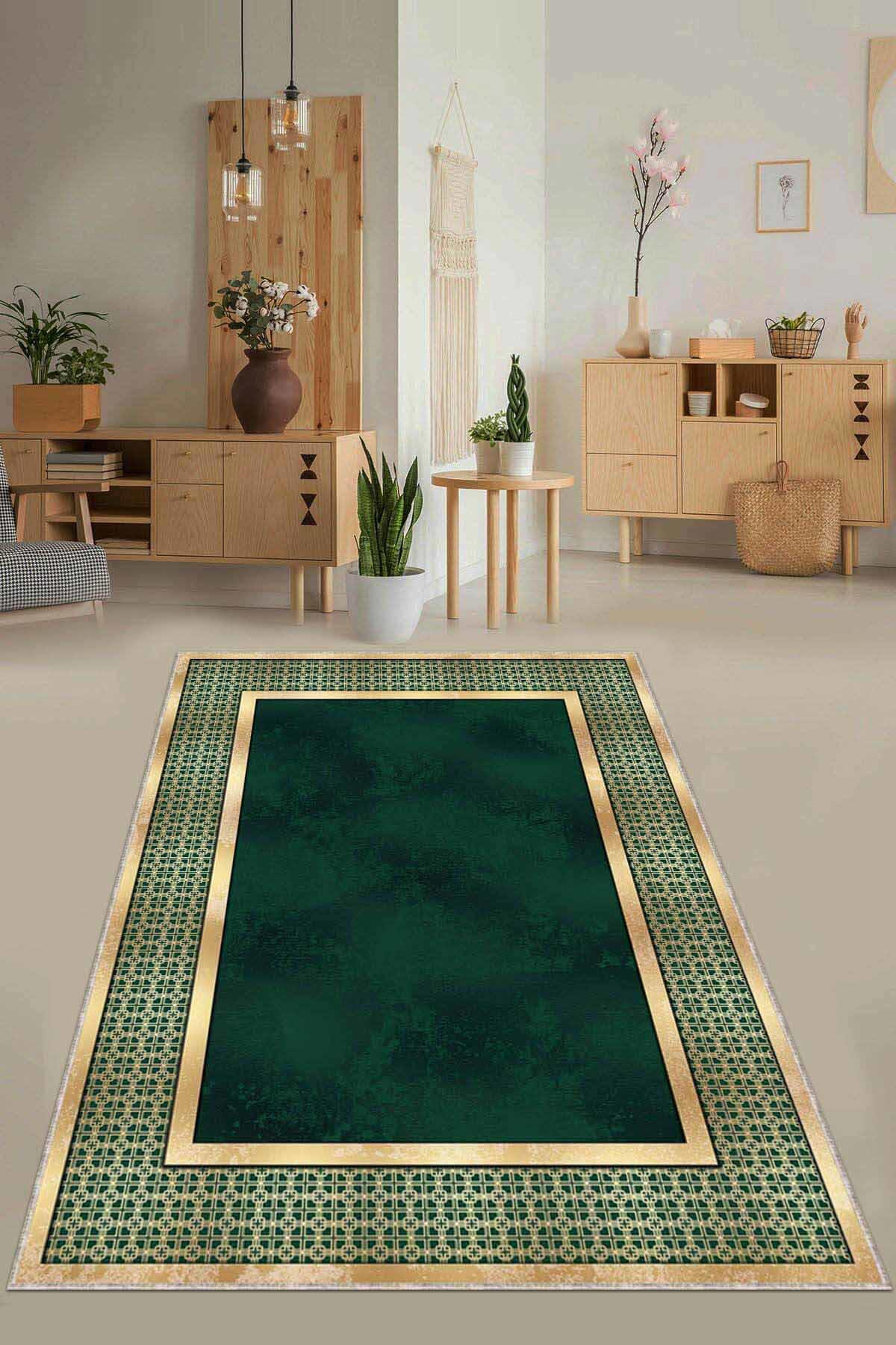 Viva Home AR730 Yeşil 7 mm Mikropolyester Yalıtıma Yardımcı Yıkanabilir İnce Kaymaz Taban Dikdörtgen Makine Dokuma Antre-Salon-Yatak Odası Halısı 100x150 cm