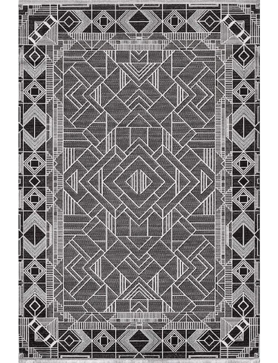 Royal Halı Elite QE01B Beyaz - Siyah 7 mm Viskon Toz Tutmaz Yıkanabilir Kalın Kaymaz Lateks Taban Dikdörtgen Makine Dokuma Salon Halısı 100x200 cm