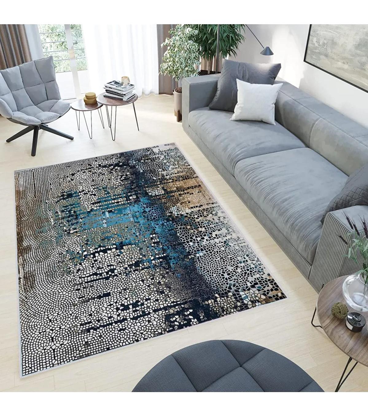 Rovigo Home RVG0437 Gri-Mavi 8 mm Polyester Leke Tutmaz-Toz Tutmaz Yıkanabilir İnce Kaymaz Dot Taban Dikdörtgen Makine Dokuma Salon Halısı 120x180 cm