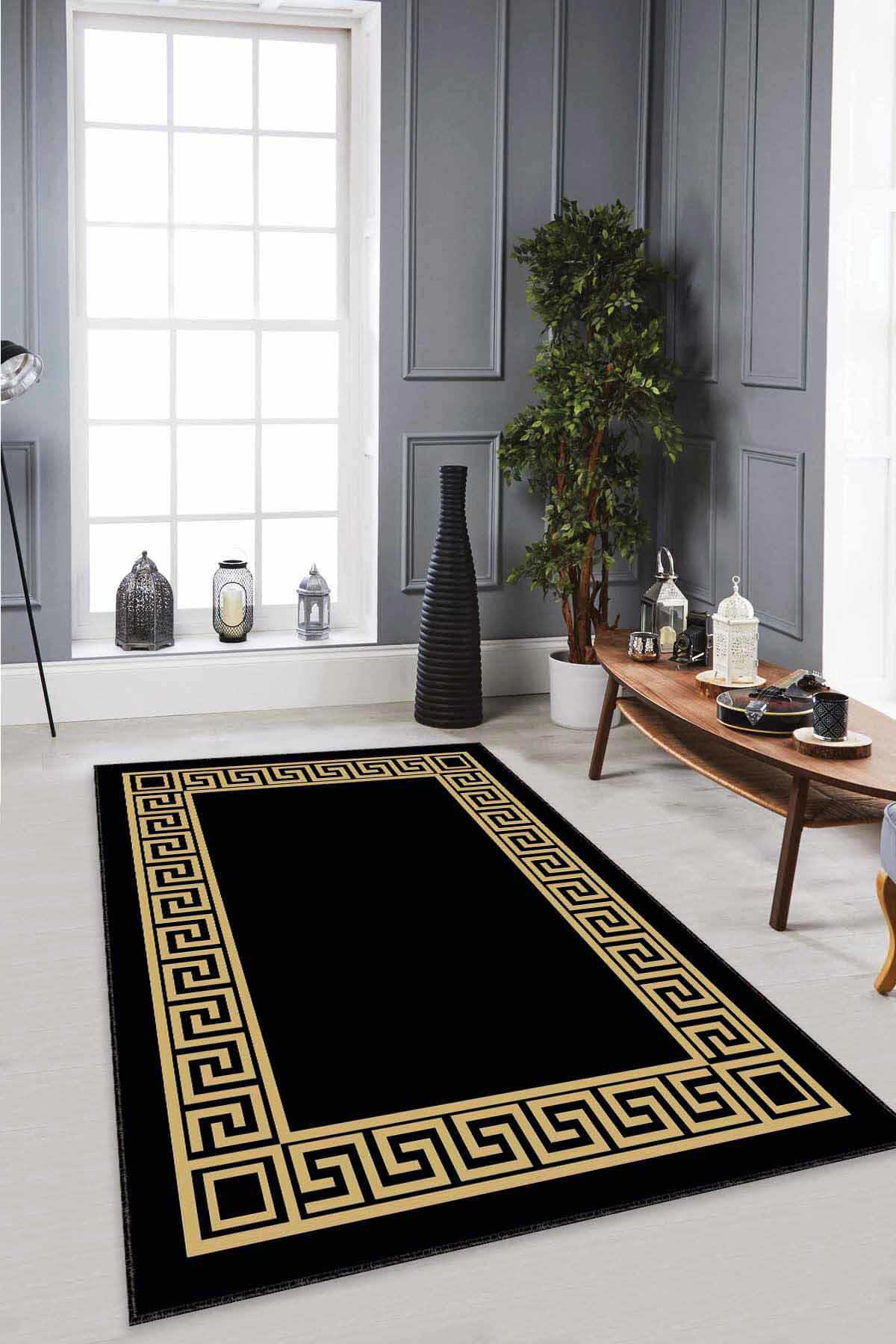 Viva Home AR136 Altın-Siyah 7 mm Mikropolyester Antibakteriyel Yıkanabilir Kalın Kaymaz Lateks Taban Dikdörtgen Makine Dokuma Salon Halısı 240x340 cm