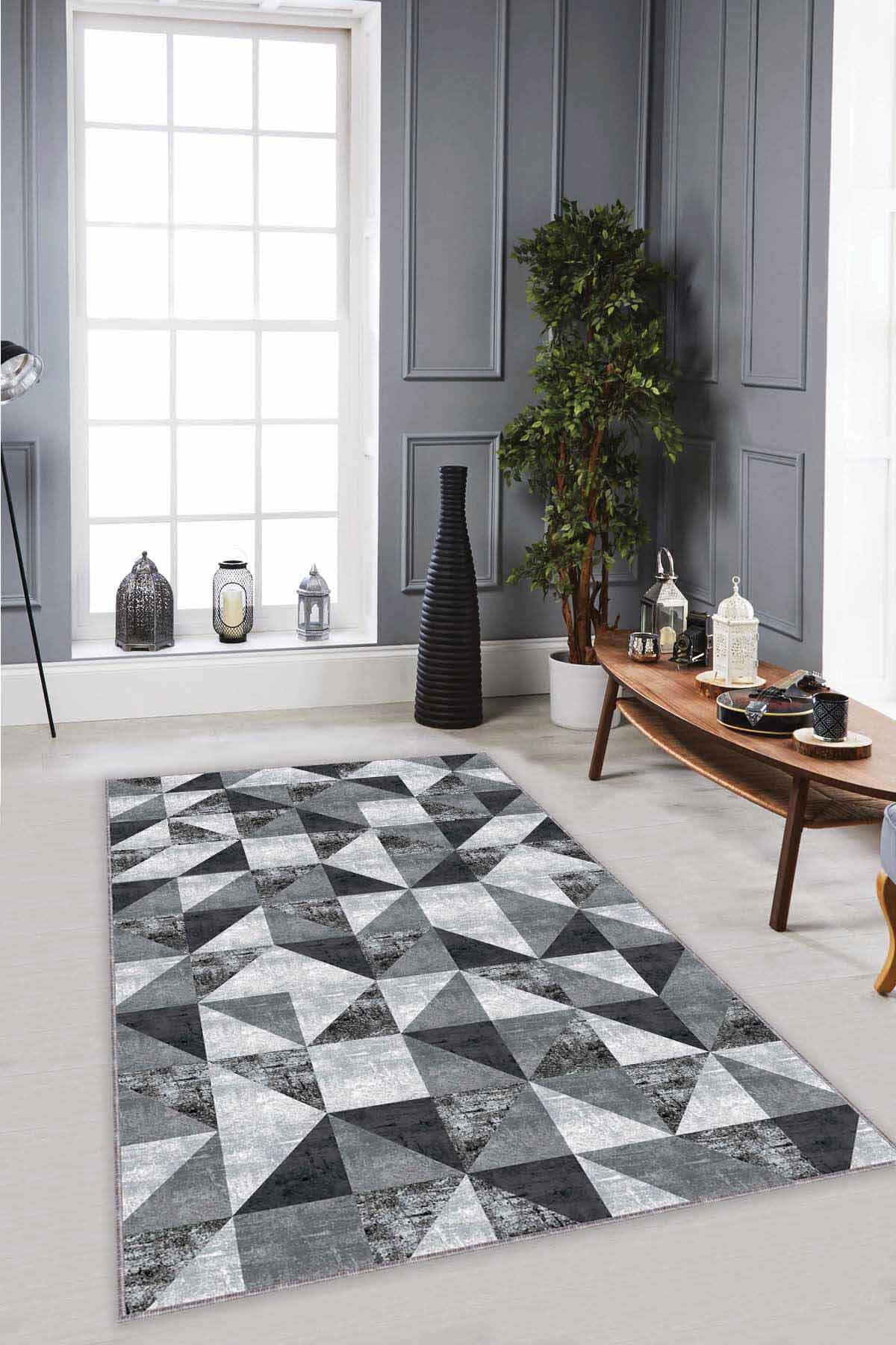 Viva Home PR03 Gri 7 mm Mikropolyester Toz Tutmaz Yıkanabilir İnce Kaymaz Dot Taban Geometrik Dikdörtgen Makine Dokuma Salon Halısı 80x200 cm