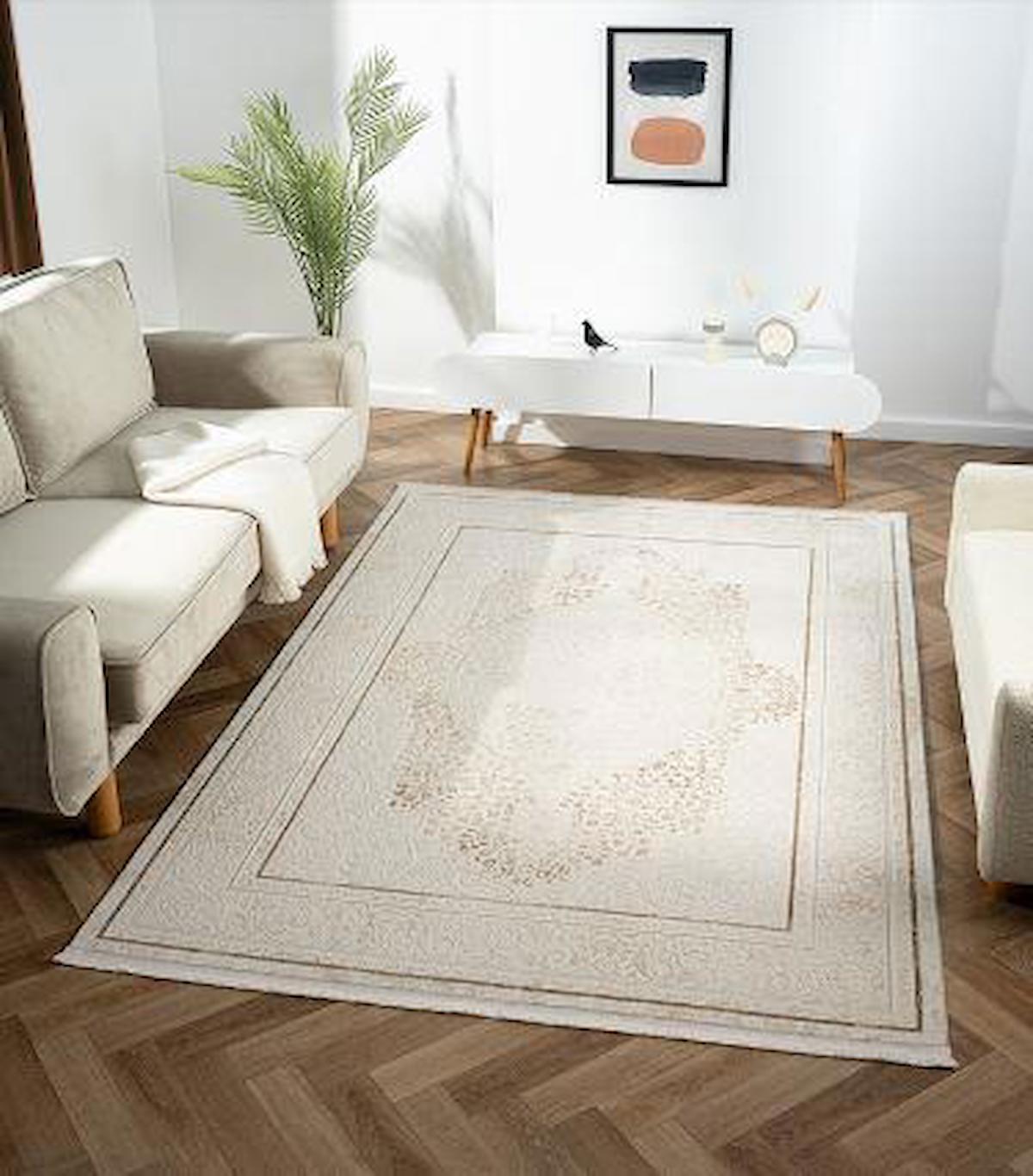 Çam Halı Karen KN008B Bej 7 mm Polyester Silinebilir Yıkanabilir Orta Dikdörtgen Makine Dokuma Salon Halısı 180x250 cm