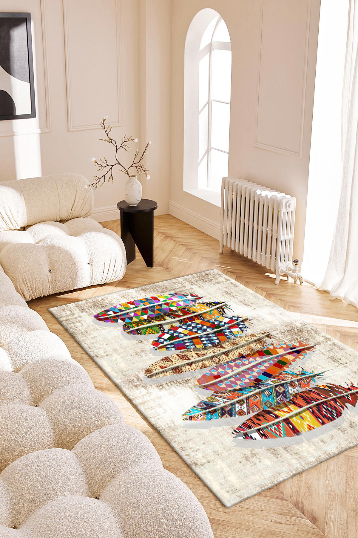 Roslyn Home Krem 6 mm Polyester Toz Tutmaz Yıkanabilir İnce Kaymaz Dot Taban Çiçek Desenli Dikdörtgen Makine Dokuma Salon Halısı 100x200 cm