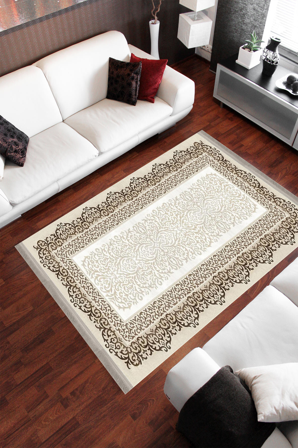 Homier Collection H-KS-3078B Krem 7 mm Pamuk Antibakteriyel Yıkanabilir Orta Kaymaz Dot Taban Dikdörtgen Makine Dokuma Salon Halısı 80x150 cm