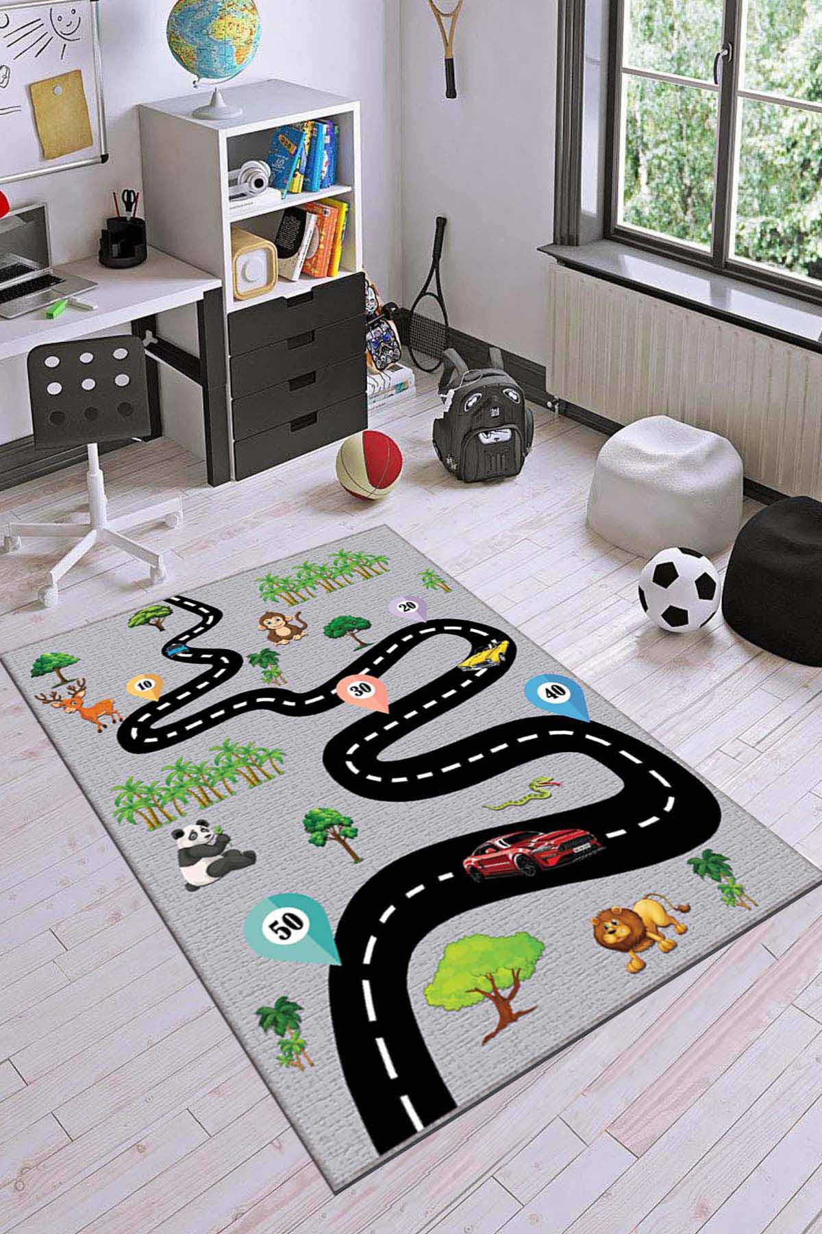 Viva Home AR221 Gri 7 mm Mikropolyester Toz Tutmaz Yıkanabilir İnce Kaymaz Dot Taban Dikdörtgen Makine Dokuma Çocuk Odası Halısı 120x180 cm