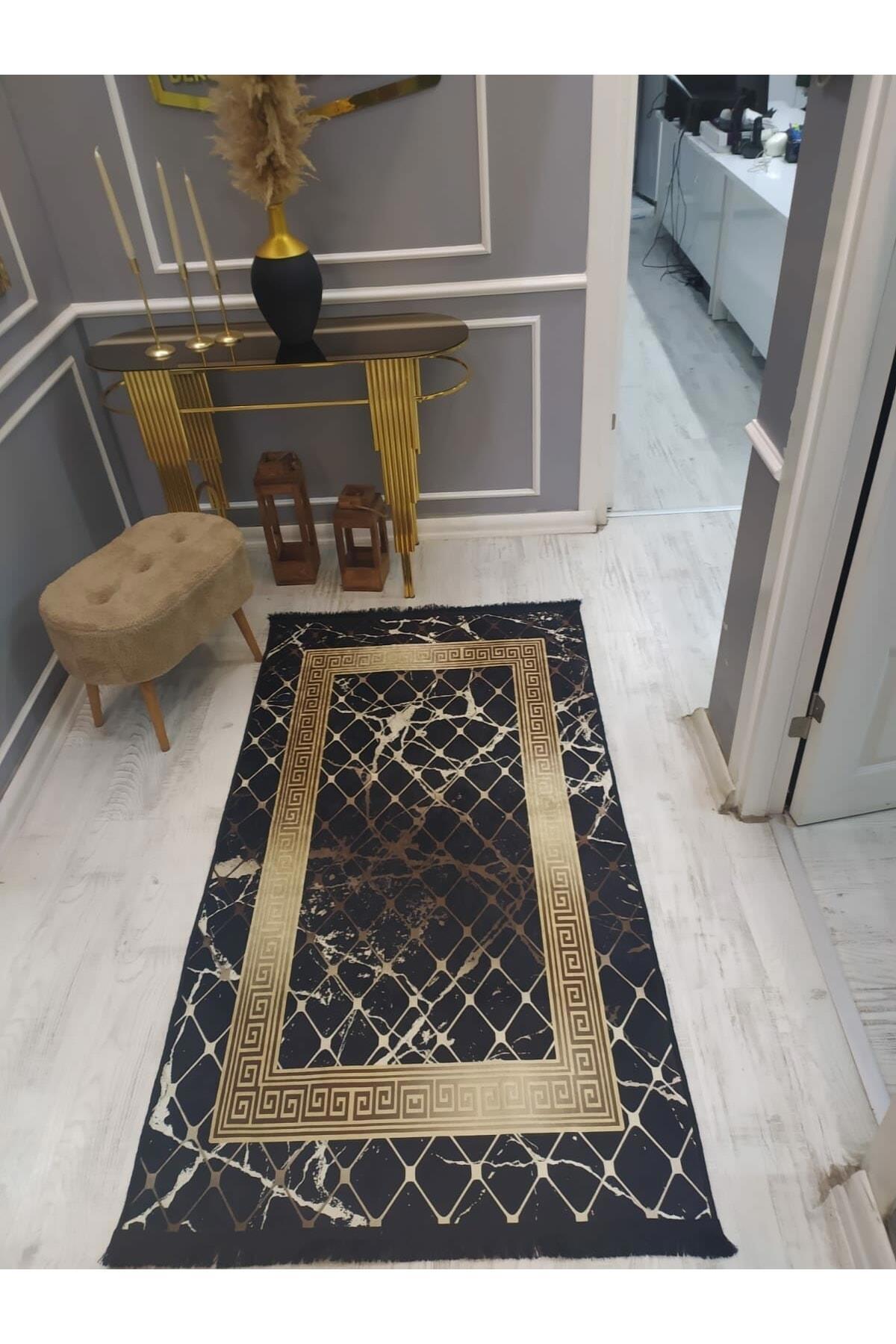 Doruklar Home Collection Gri-Siyah 0.7 mm Polyester Yıkanabilir Kaymaz Taban Dikdörtgen Makine Dokuma Halı 100x300 cm