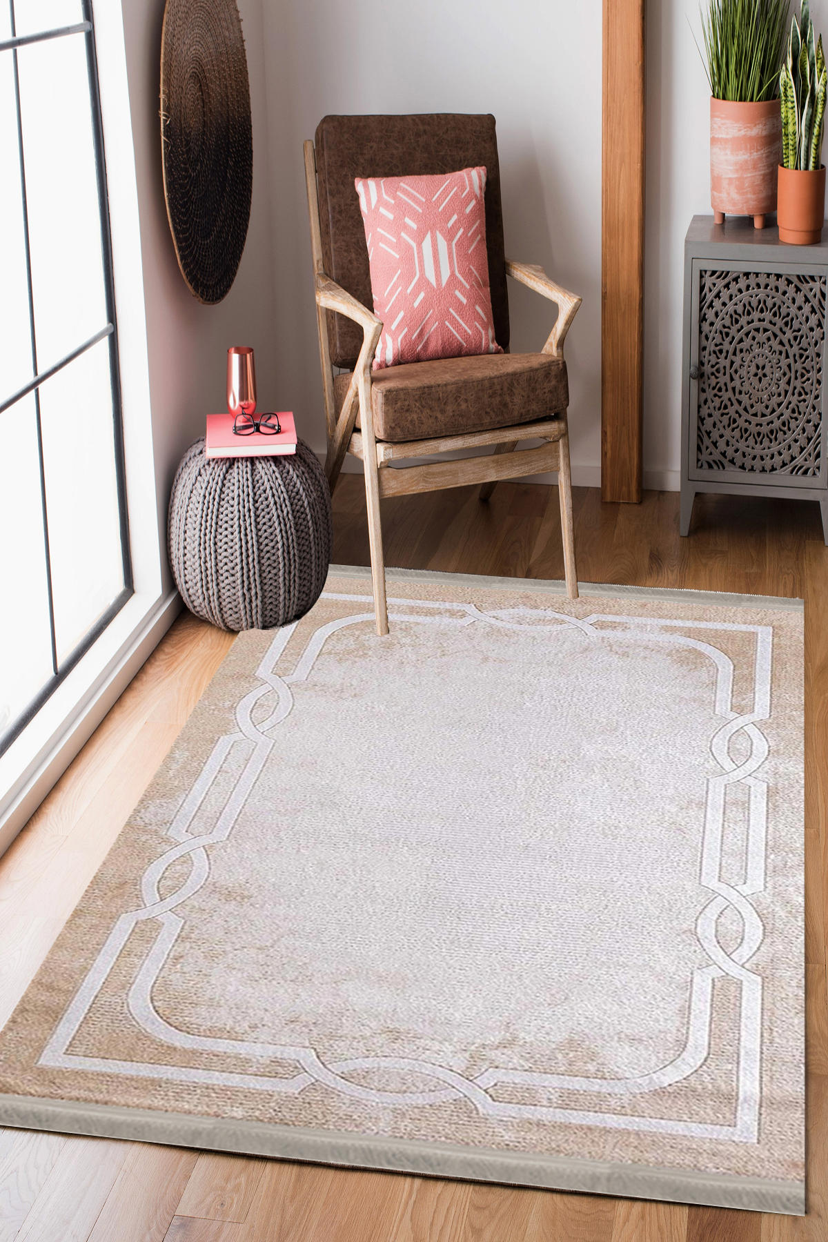 Homier Collection H-KS-3075A Krem 7 mm Pamuk Antibakteriyel Yıkanabilir Orta Kaymaz Dot Taban Dikdörtgen Makine Dokuma Salon Halısı 80x300 cm