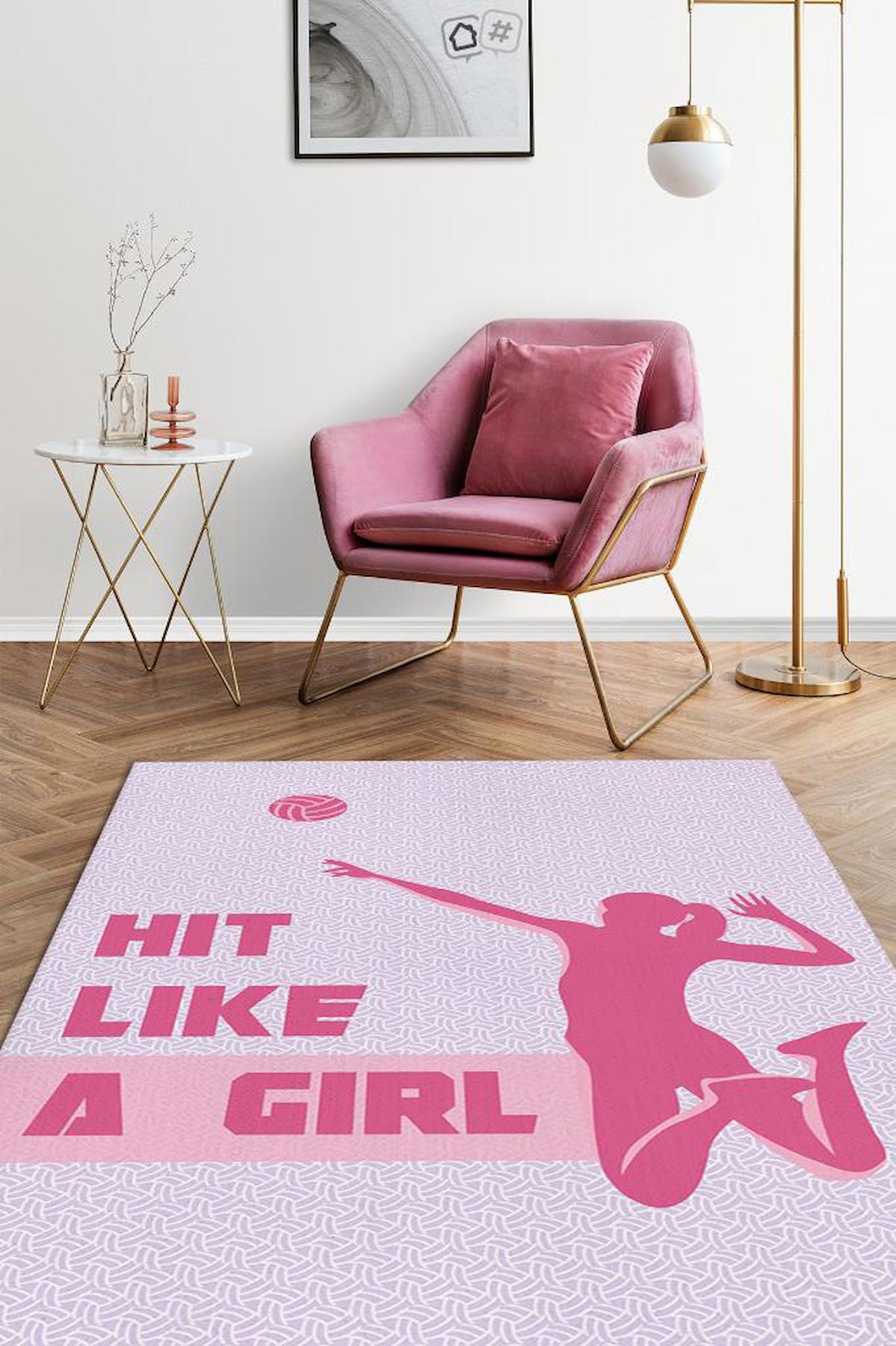 Homshtag Kız Gibi Vur Pembe 4 mm Pamuk Antistatik Yıkanabilir İnce Kaymaz Dikdörtgen Makine Dokuma Genç Odası Halısı 80x500 cm