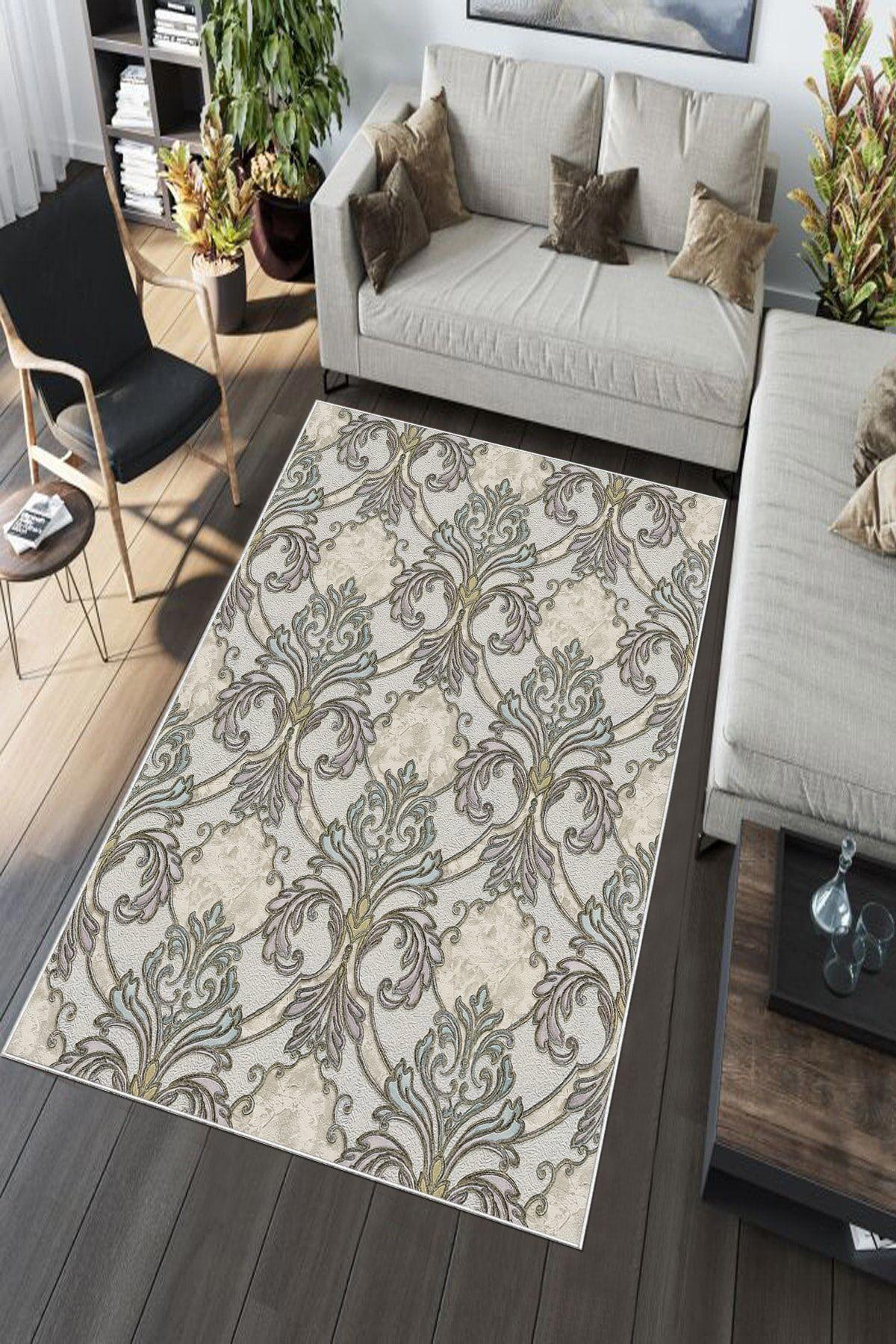 Aldora A143 Krem 9 mm Deri Antibakteriyel Yıkanabilir İnce Kaymaz Pamuk Taban Dikdörtgen Makine Dokuma Salon Halısı 120x160 cm