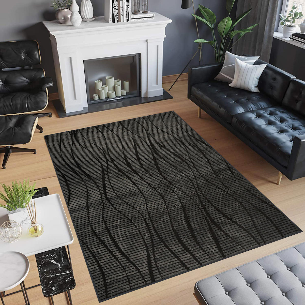 Rovigo Home RVG0488 Siyah 8 mm Polyester Antibakteriyel-Leke Tutmaz-Toz Tutmaz Yıkanabilir İnce Kaymaz Dot Taban Dikdörtgen Makine Dokuma Salon Halısı 80x150 cm