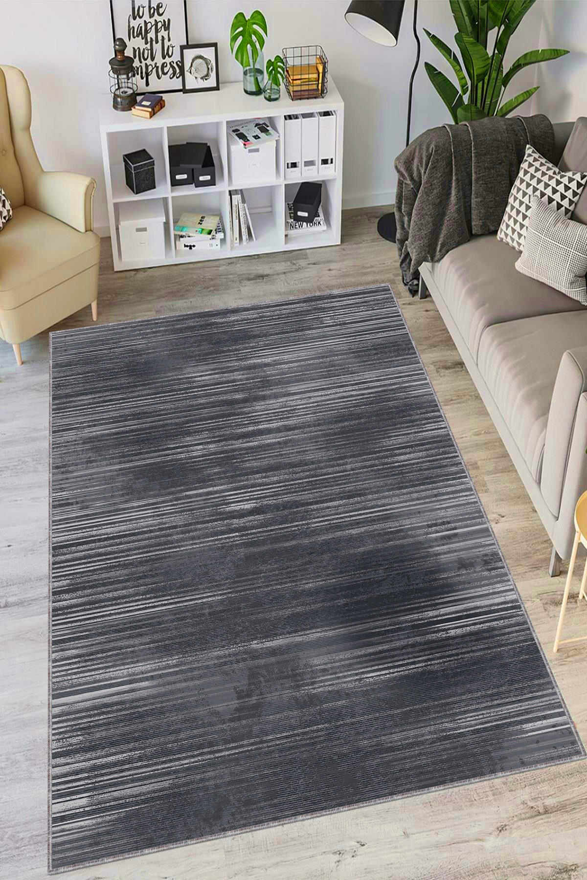 Viva Home AR1429 Antrasit 7 mm Mikropolyester Yıkanabilir İnce Kaymaz Jüt Taban Dikdörtgen Makine Dokuma Salon Halısı 80x150 cm