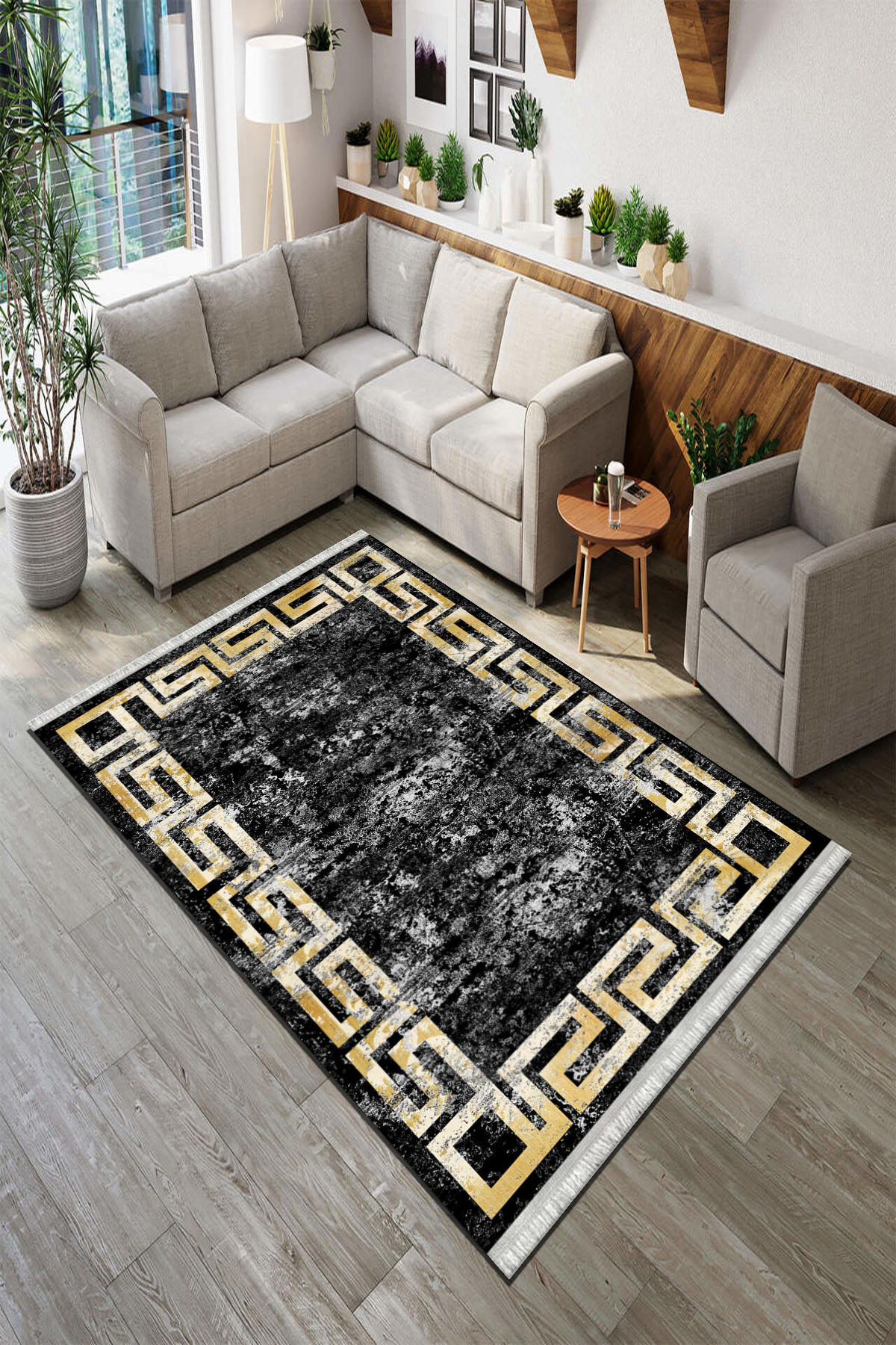 Roslyn Home Altın 6 mm Polyester Toz Tutmaz Yıkanabilir İnce Kaymaz Dot Taban Dikdörtgen Makine Dokuma Salon Halısı 120x170 cm