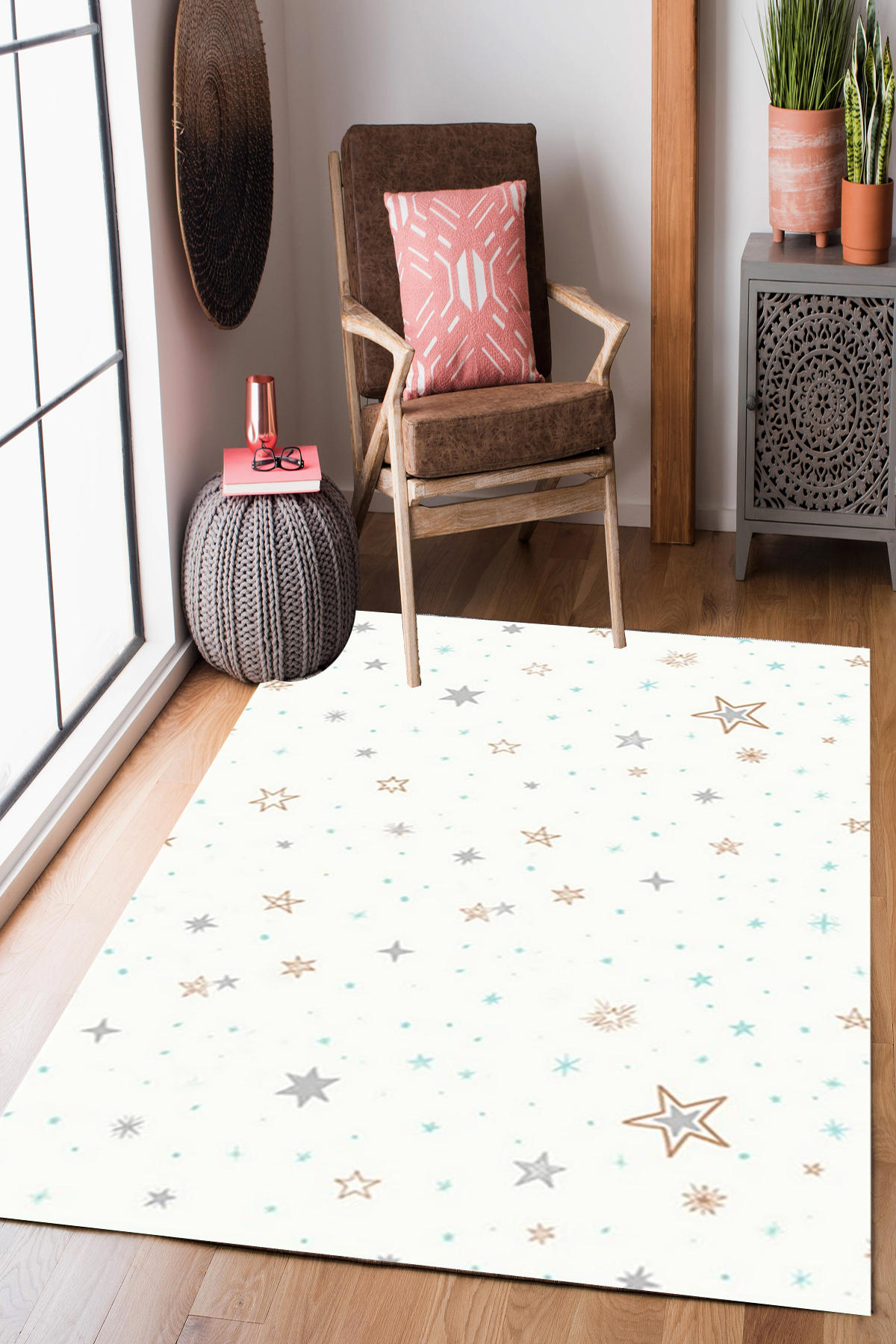 Homier Collection H-CK-10108A Bej-Kahverengi 9 mm Pamuk Antibakteriyel Yıkanabilir Orta Kaymaz Dikdörtgen Makine Dokuma Çocuk Odası Halısı 80x180 cm