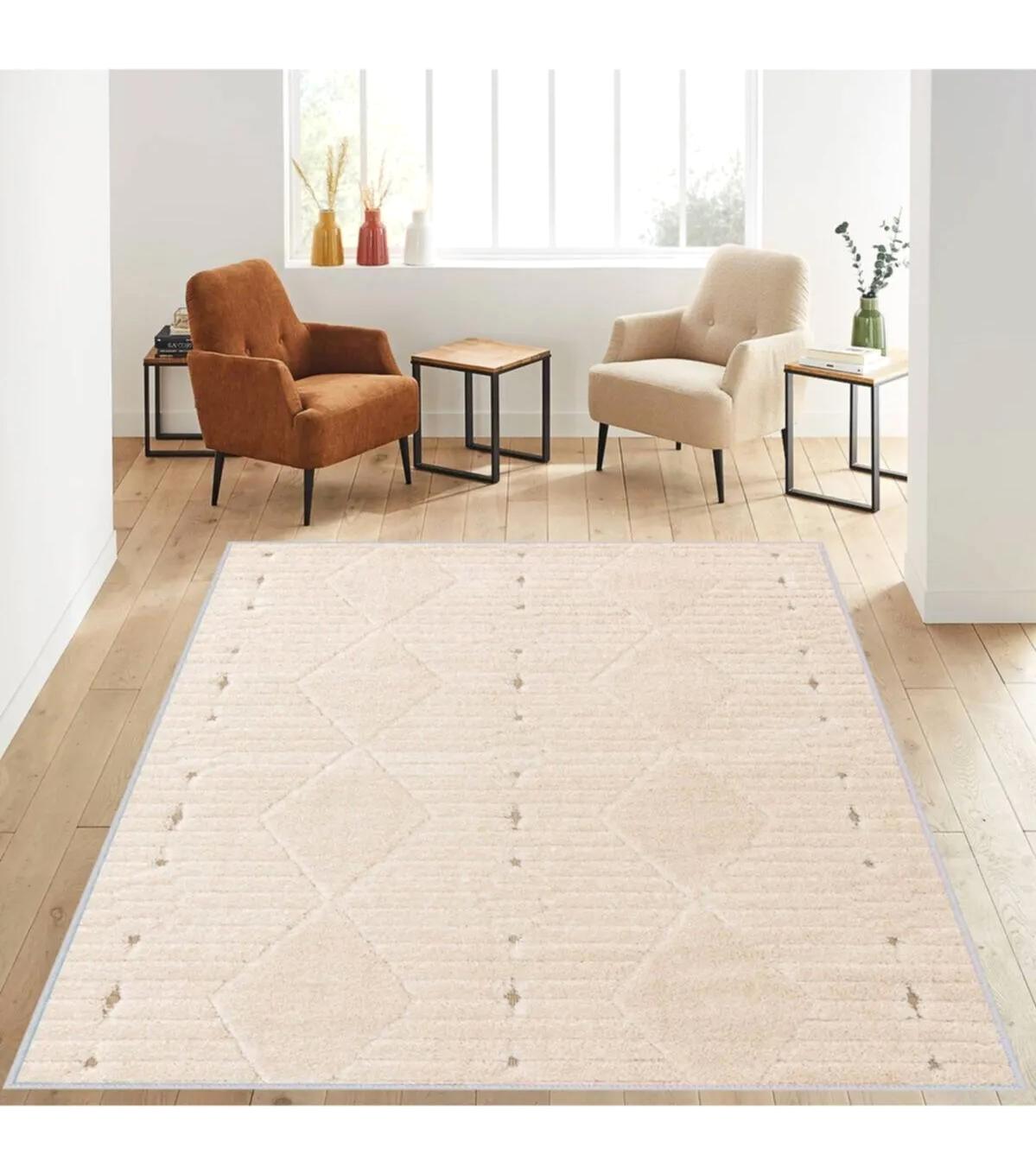 Rovigo Home RVG1237 Krem 8 mm Polyester Leke Tutmaz-Toz Tutmaz Yıkanabilir İnce Kaymaz Dot Taban Dikdörtgen Makine Dokuma Salon Halısı 100x200 cm