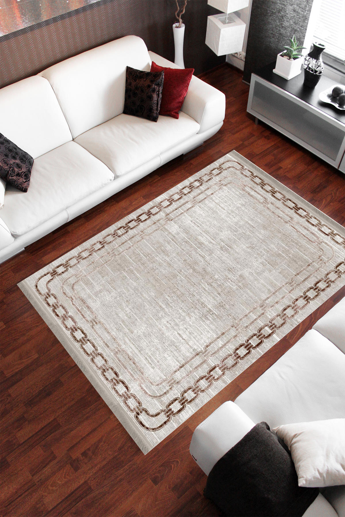 Homier Collection H-KS-3090A Bej-Kahverengi 7 mm Pamuk Antibakteriyel Yıkanabilir Orta Kaymaz Dot Taban Dikdörtgen Makine Dokuma Salon Halısı 100x150 cm