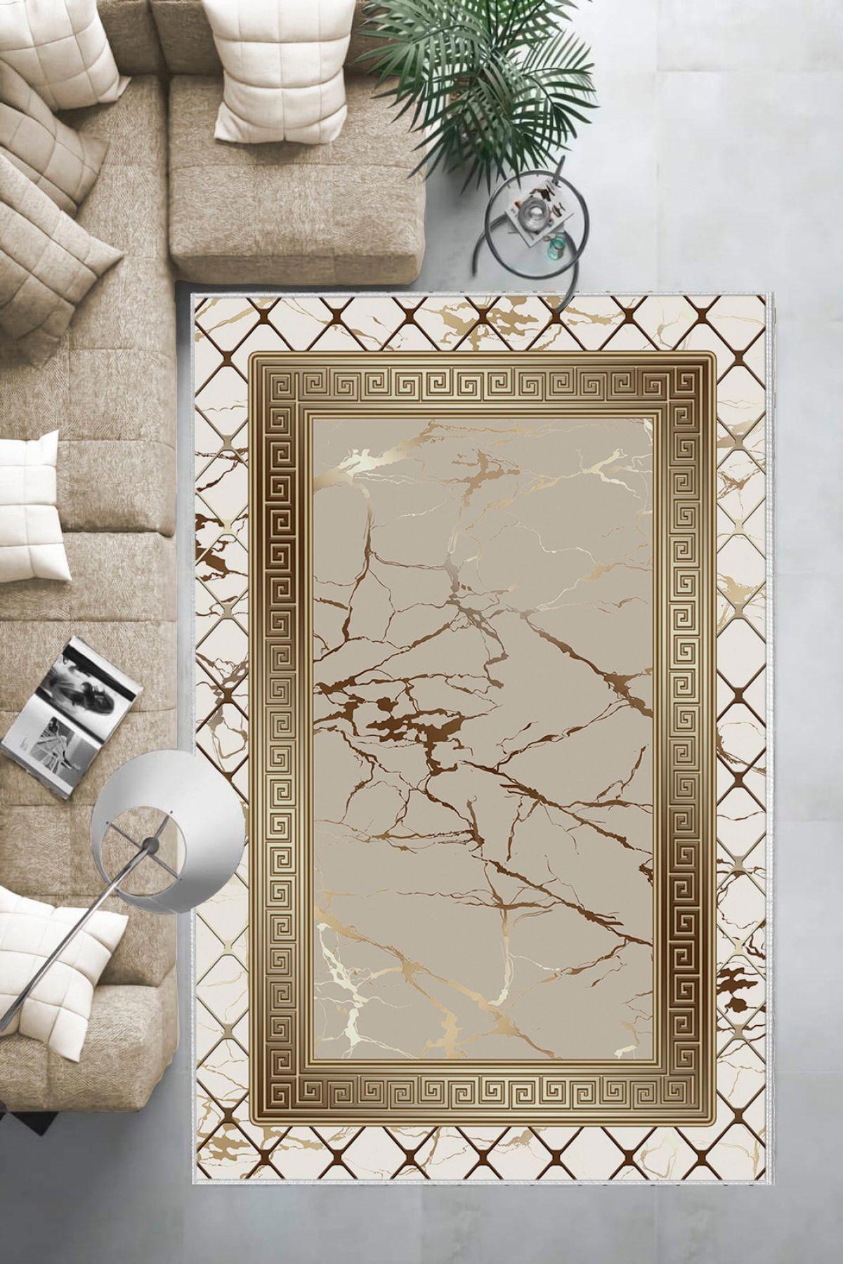 Aldora B1281 Krem-Vizon 9 mm Deri Leke tutmaz Yıkanabilir İnce Kaymaz Deri Taban Dikdörtgen Makine Dokuma Salon Halısı 160x230 cm