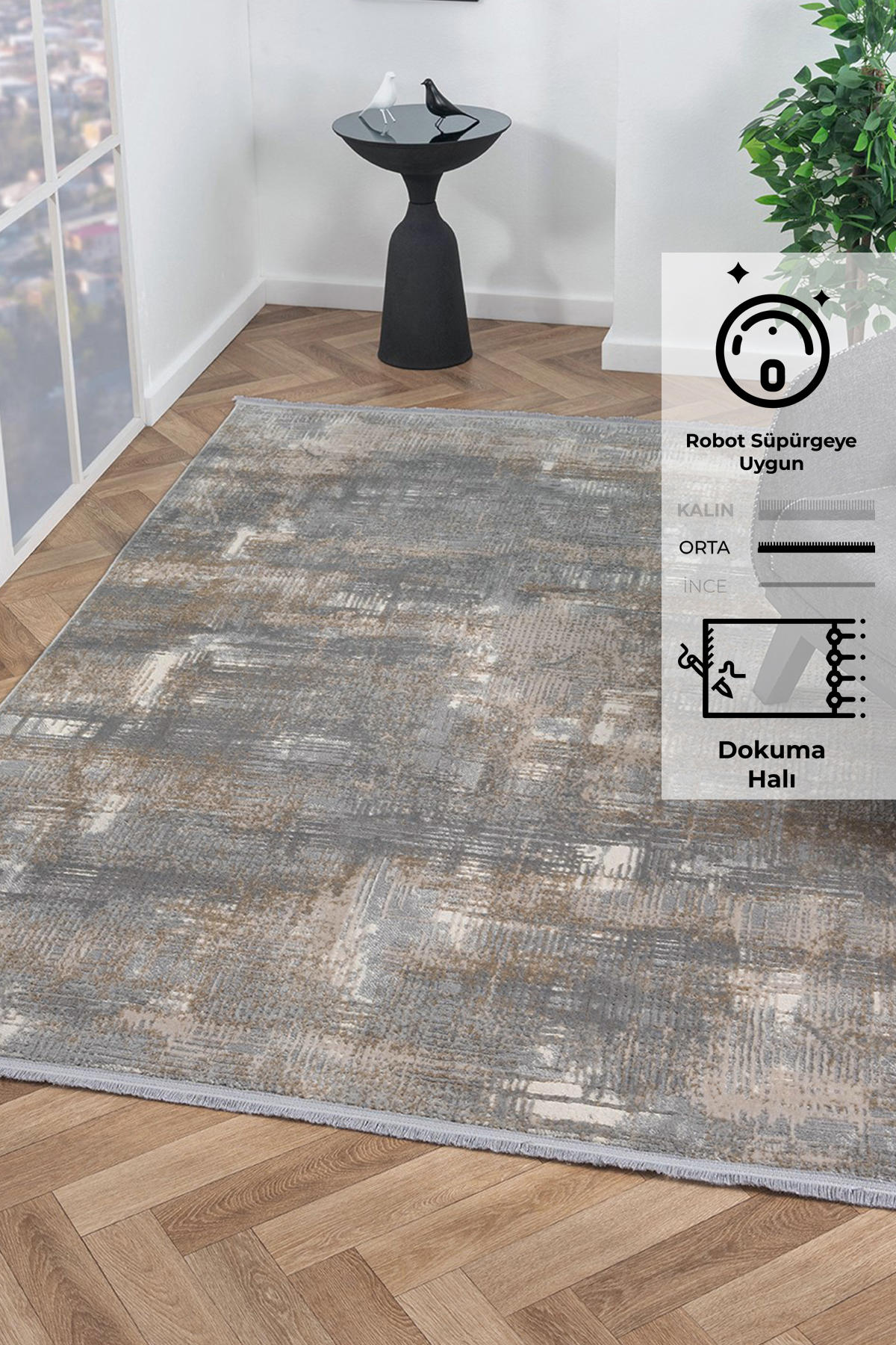 Konfor Halı Notta 1107 Gri 7 mm Polyester Yıkanabilir Dikdörtgen Makine Dokuma Salon Halısı 120x180 cm