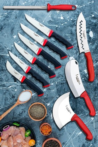LAZBİSA Sürmene Serisi Bıçak Seti Sofra Mutfak Şef Bıçağı Kasap Bıçağı Masat 10lu Soft Grip Bıçak Takımı