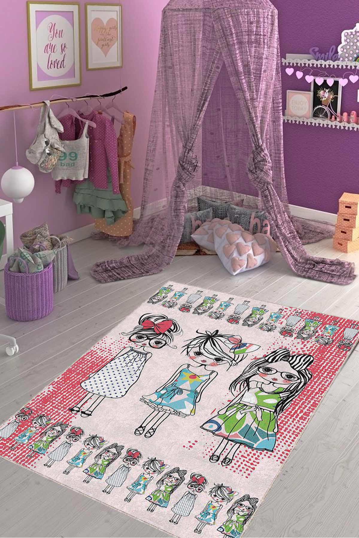 Viva Home KD112 Pembe 7 mm Mikropolyester Leke Tutmaz Yıkanabilir İnce Kaymaz Dot Taban Dikdörtgen Makine Dokuma Çocuk Odası Halısı 140x200 cm