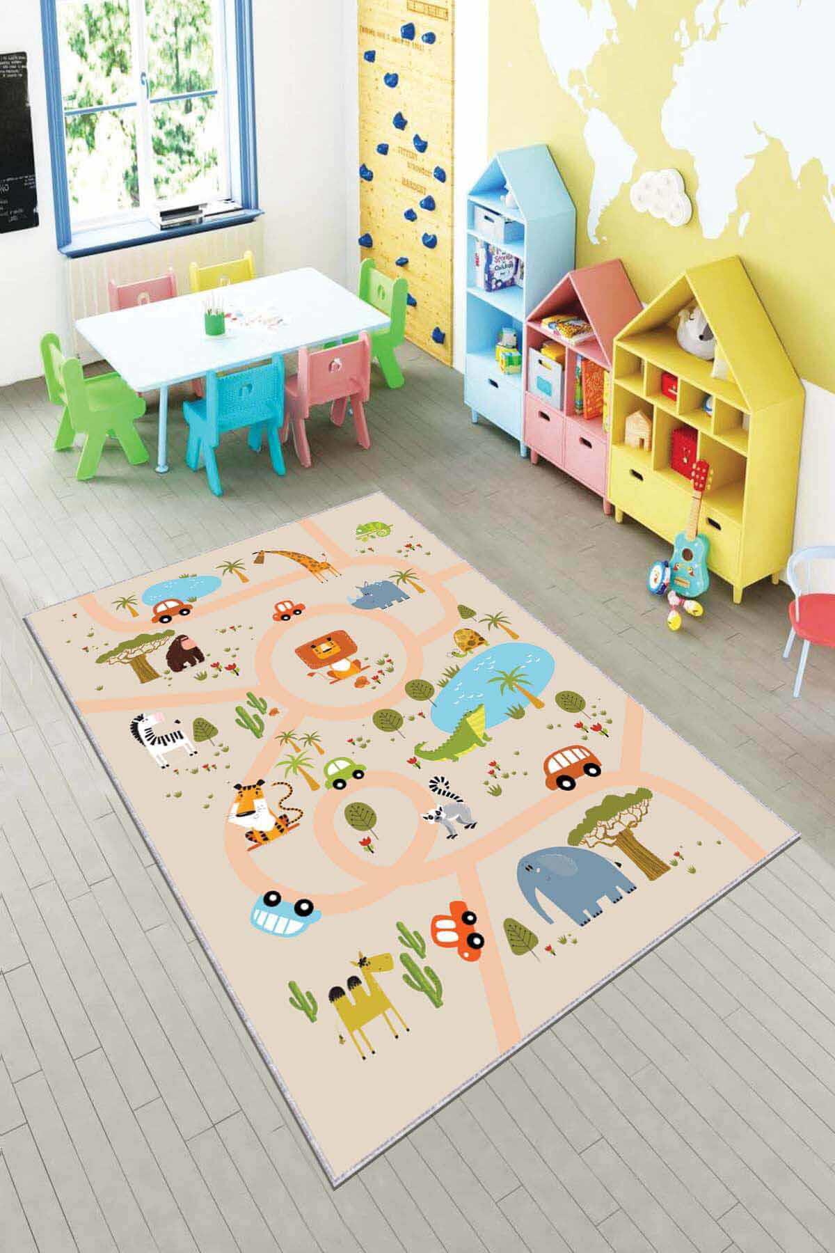 Viva Home AR050 Bej 7 mm Mikropolyester Antibakteriyel-Antialerjenik Yıkanabilir İnce Kaymaz Dot Taban Figürlü Dikdörtgen Makine Dokuma Çocuk Odası Halısı 160x230 cm