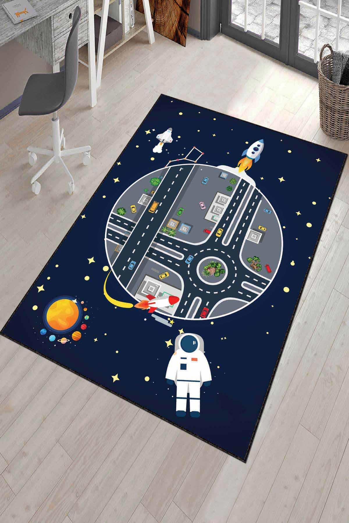 Viva Home AR323 Lacivert 7 mm Mikropolyester Leke tutmaz Yıkanabilir İnce Kaymaz Dikdörtgen Makine Dokuma Çocuk Odası Halısı 120x200 cm
