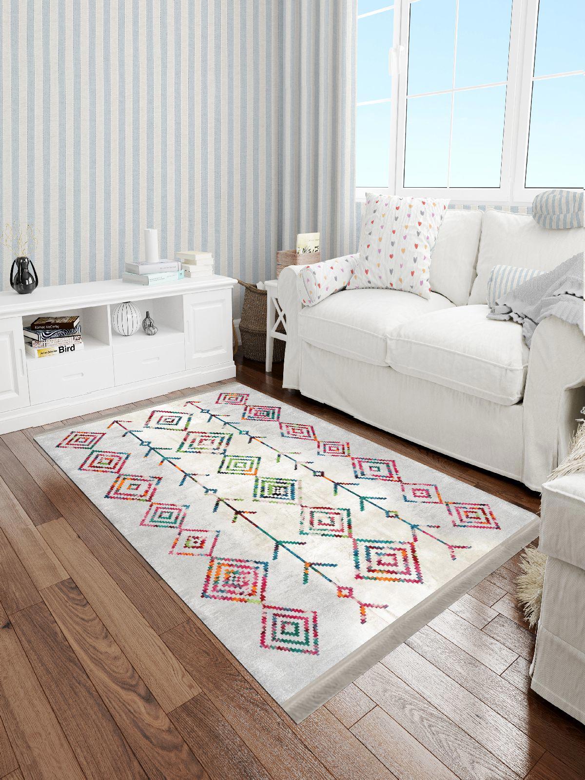 Enbe Collection E-PS6061G Krem 5 mm Pamuk Antibakteriyel Yıkanabilir Orta Kaymaz Dot Taban Dikdörtgen Makine Dokuma Oturma Odası Halısı 80x120 cm
