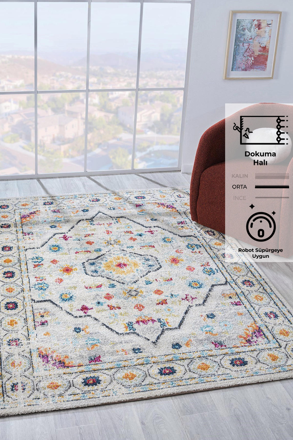 Konfor Halı Vintage 7655 Beyaz 7 mm Polipropilen Yıkanabilir Dikdörtgen Makine Dokuma Salon Halısı 160x230 cm