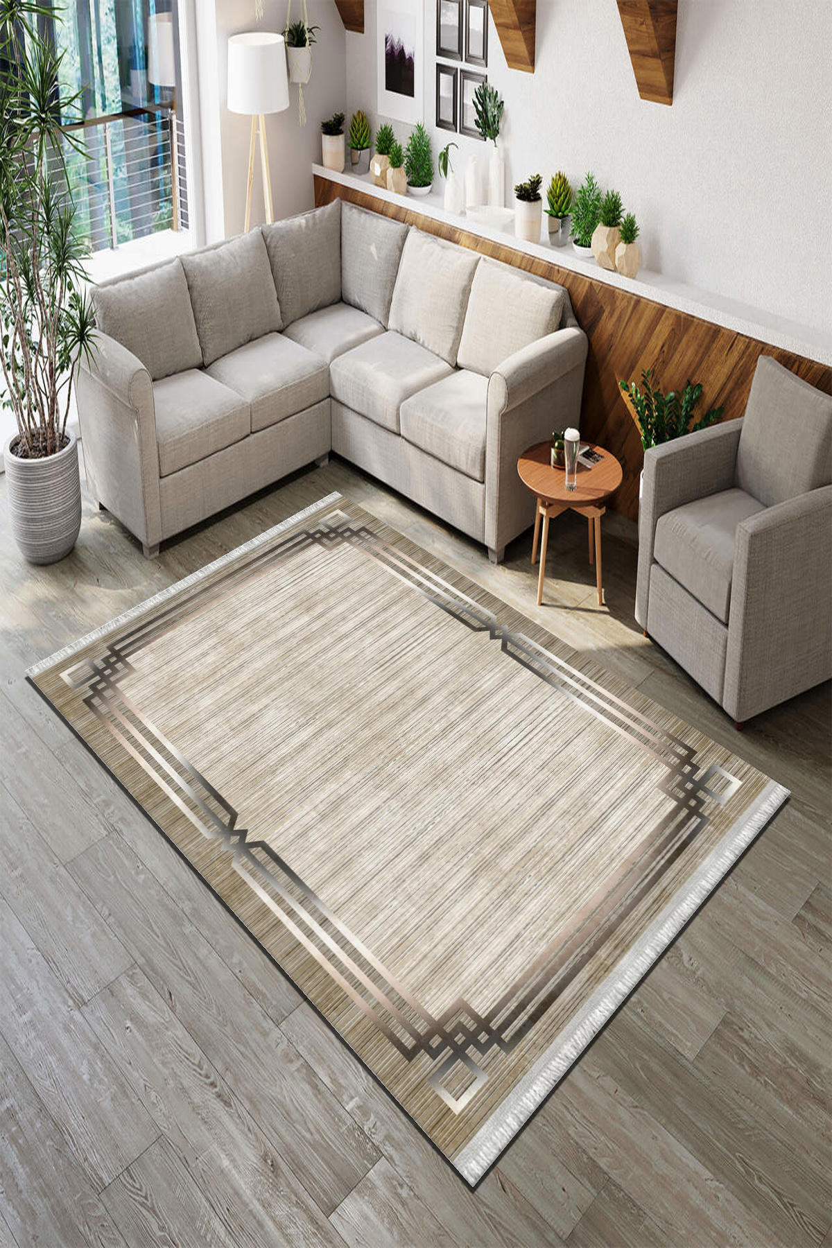 Roslyn Home Kahverengi 6 mm Polyester Antibakteriyel Yıkanabilir İnce Kaymaz Dot Taban Dikdörtgen Makine Dokuma Salon Halısı 200x200 cm