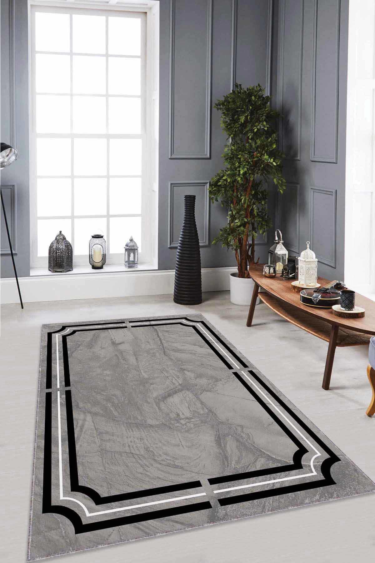 Viva Home RV065 Gri 7 mm Mikropolyester Toz Tutmaz Yıkanabilir İnce Kaymaz Dot Taban Dikdörtgen Makine Dokuma Salon Halısı 200x300 cm