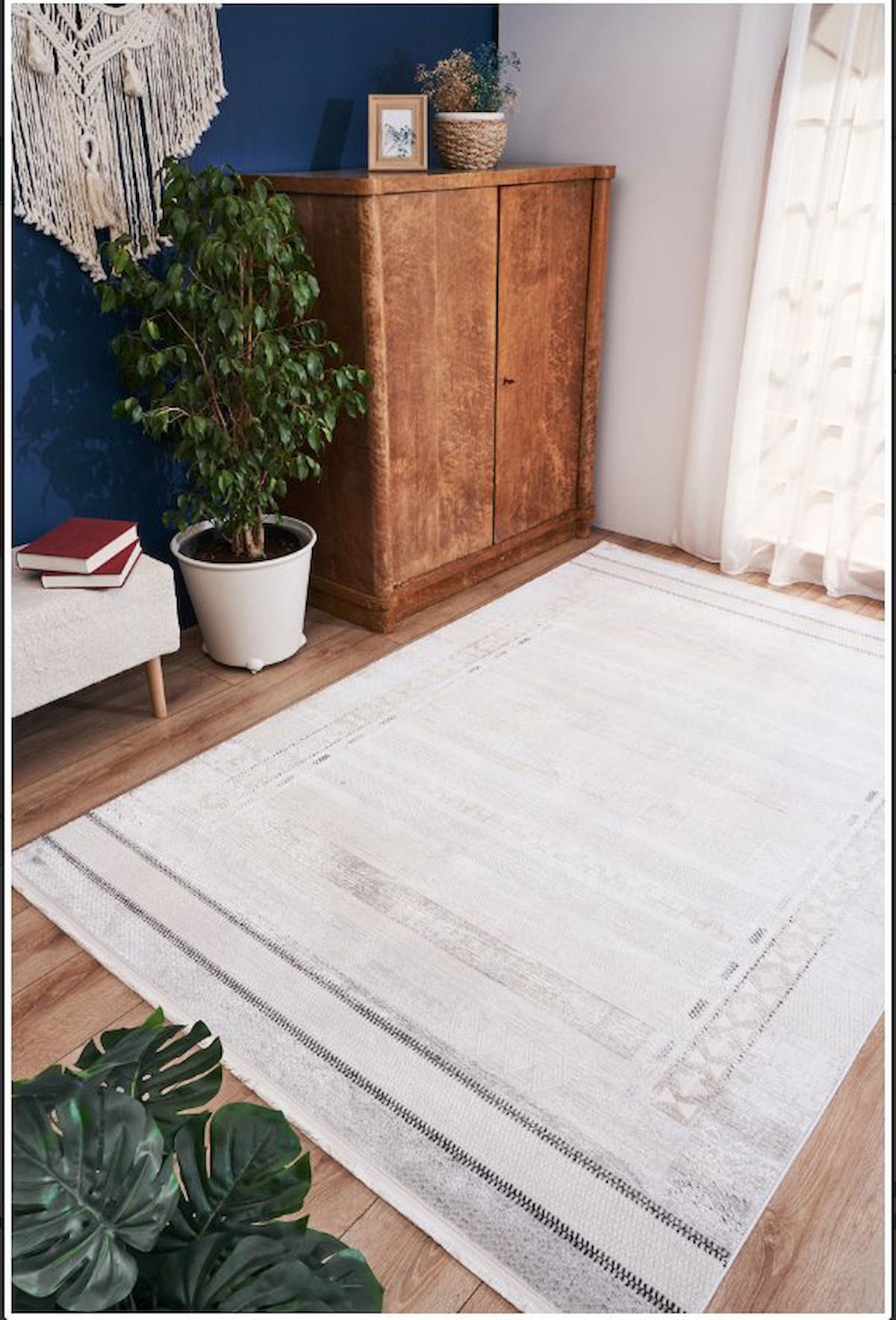 Apex Savannah Krem Pamuk Yıkanabilir İnce Kaymaz Jüt Taban Dikdörtgen Makine Dokuma Salon Halısı 80x150 cm