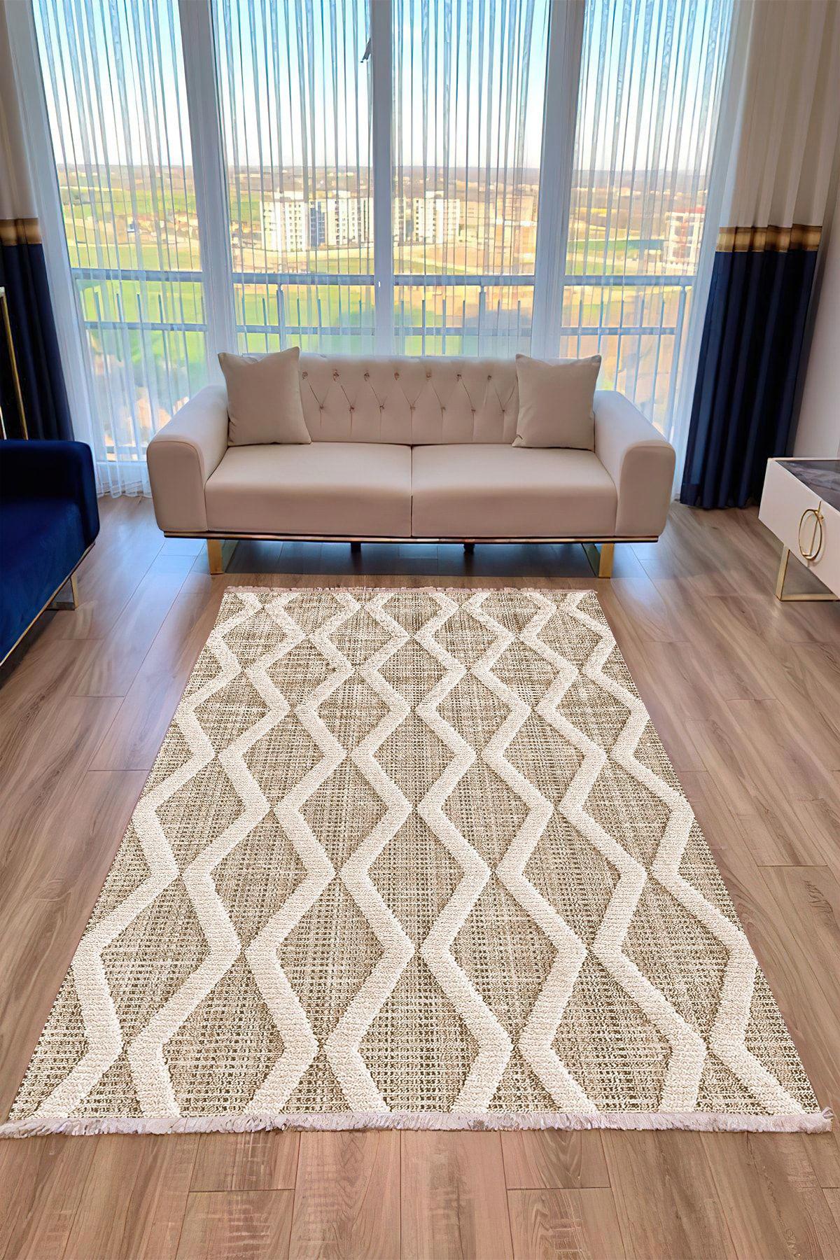 Aldora A249 Krem 9 mm Deri Leke tutmaz Yıkanabilir İnce Kaymaz Deri Taban Dikdörtgen Makine Dokuma Salon Halısı 100x300 cm