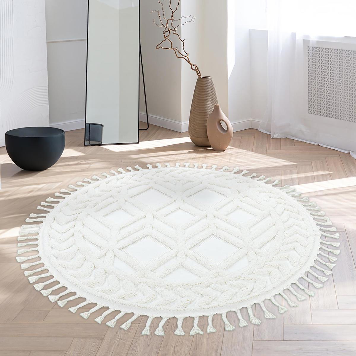 Giza Home Madu 1284T Krem 20 mm Polyester Antibakteriyel Yıkanabilir Kalın Kaymaz Geometrik Yuvarlak Makine Dokuma Çocuk Odası-Oturma Odası Halısı 120x180 cm