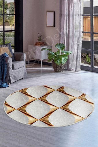 Dijidekor KY7059 Altın 7 mm Polyester Yıkanabilir Orta Kaymaz Dot Taban Yuvarlak Makine Dokuma Salon Halısı 80x300 cm