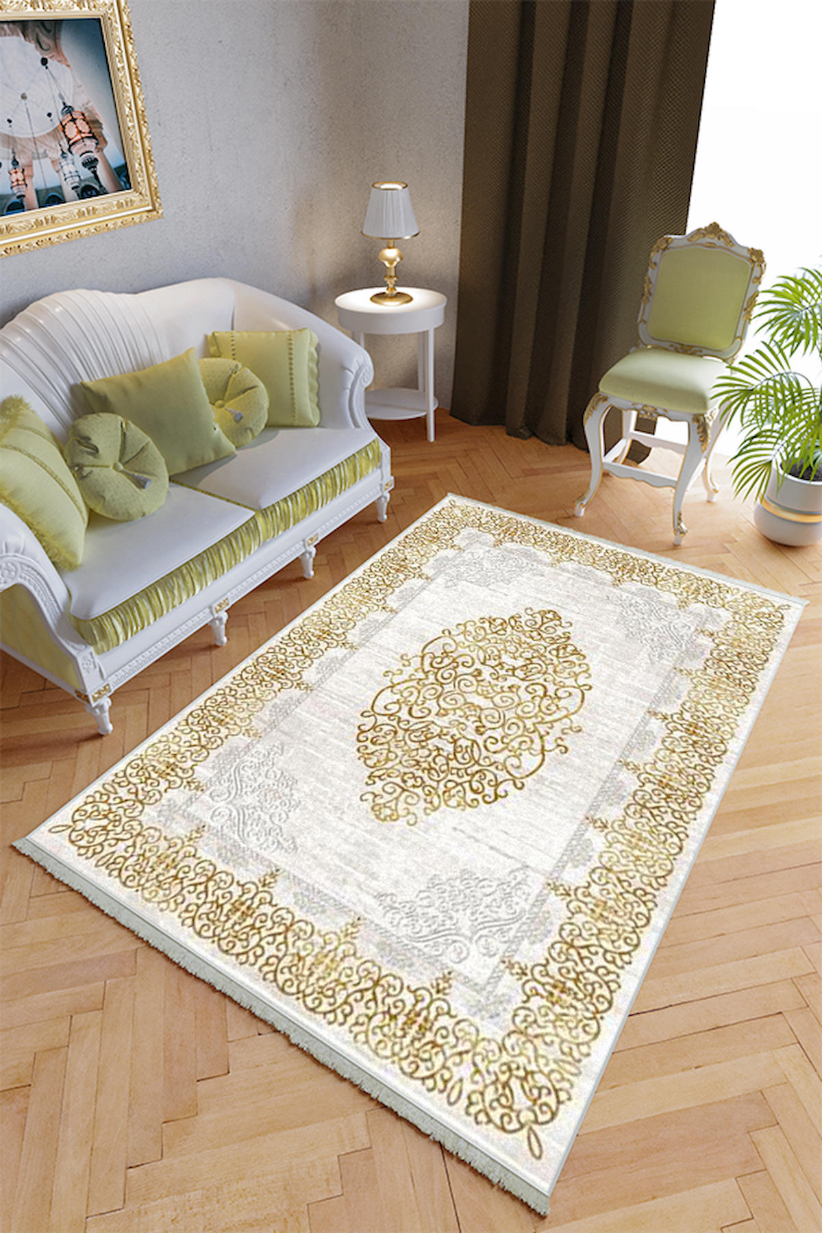 10 Post Online Altın 4 mm Polyester Yıkanabilir İnce Kaymaz Taban Dikdörtgen Makine Dokuma Salon Halısı 100x200 cm