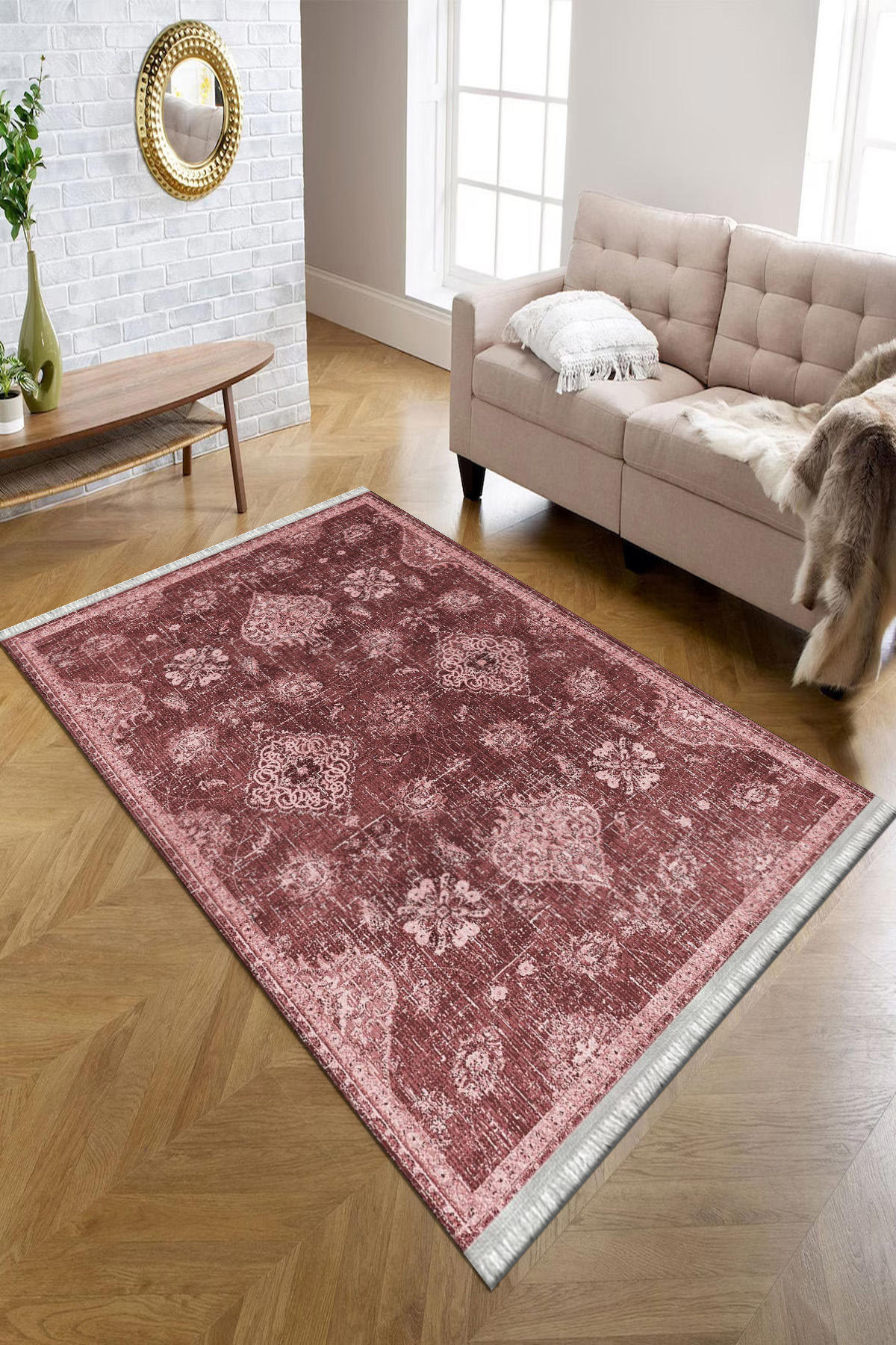 Kreatif Halı Bordo 4 mm Polyester Antibakteriyel Yıkanabilir İnce Kaymaz Dot Taban Çiçek Desenli Dikdörtgen Makine Dokuma Salon Halısı 80x300 cm